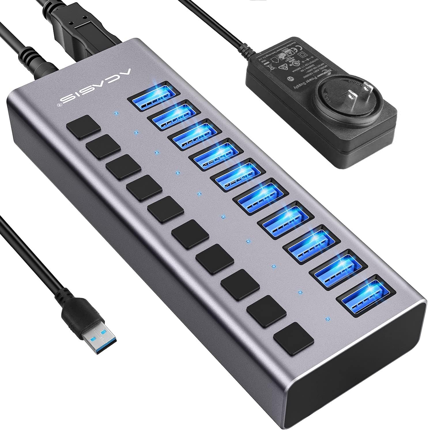 Powered USB Hub - ACASIS 10 Ports 48W USB 3.0 Data Hub - with Individual On/Off Switches and 12V/4A Power Adapter USB Hub 3.0 Splitter for Laptop, PC, Computer, Mobile HDD, Flash Drive and More