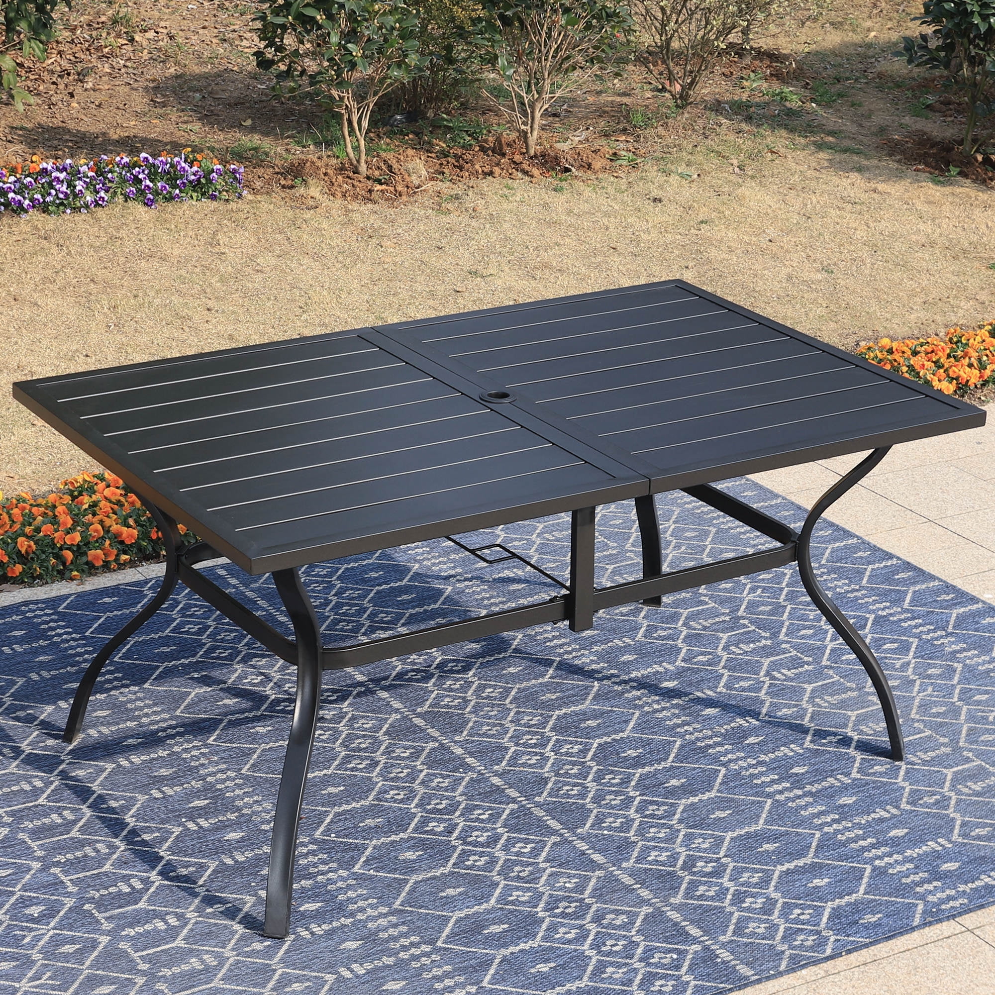 MF Studio 7-Piece Outdoor Dining Set with Swivel Cushioned Chairs & Rectangle Table for 6-Person, Black & Beige