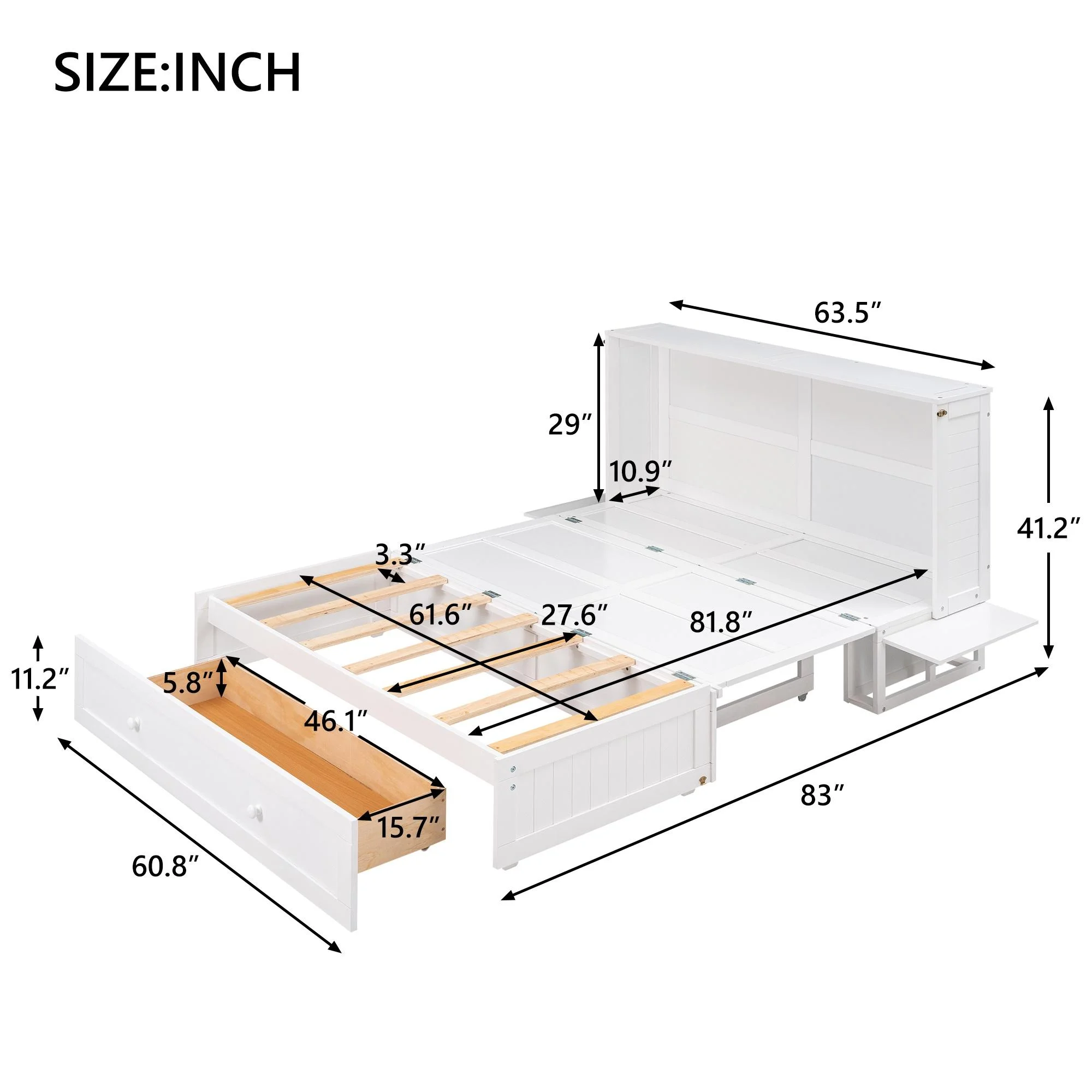 Bellemave Murphy Cube Cabinet Bed with Storage Drawer, Wood Queen Size Murphy Bed Cabinet with Side Little Shelves, Easy Fold Bed Frame for Guest Room, Home, Office (White)
