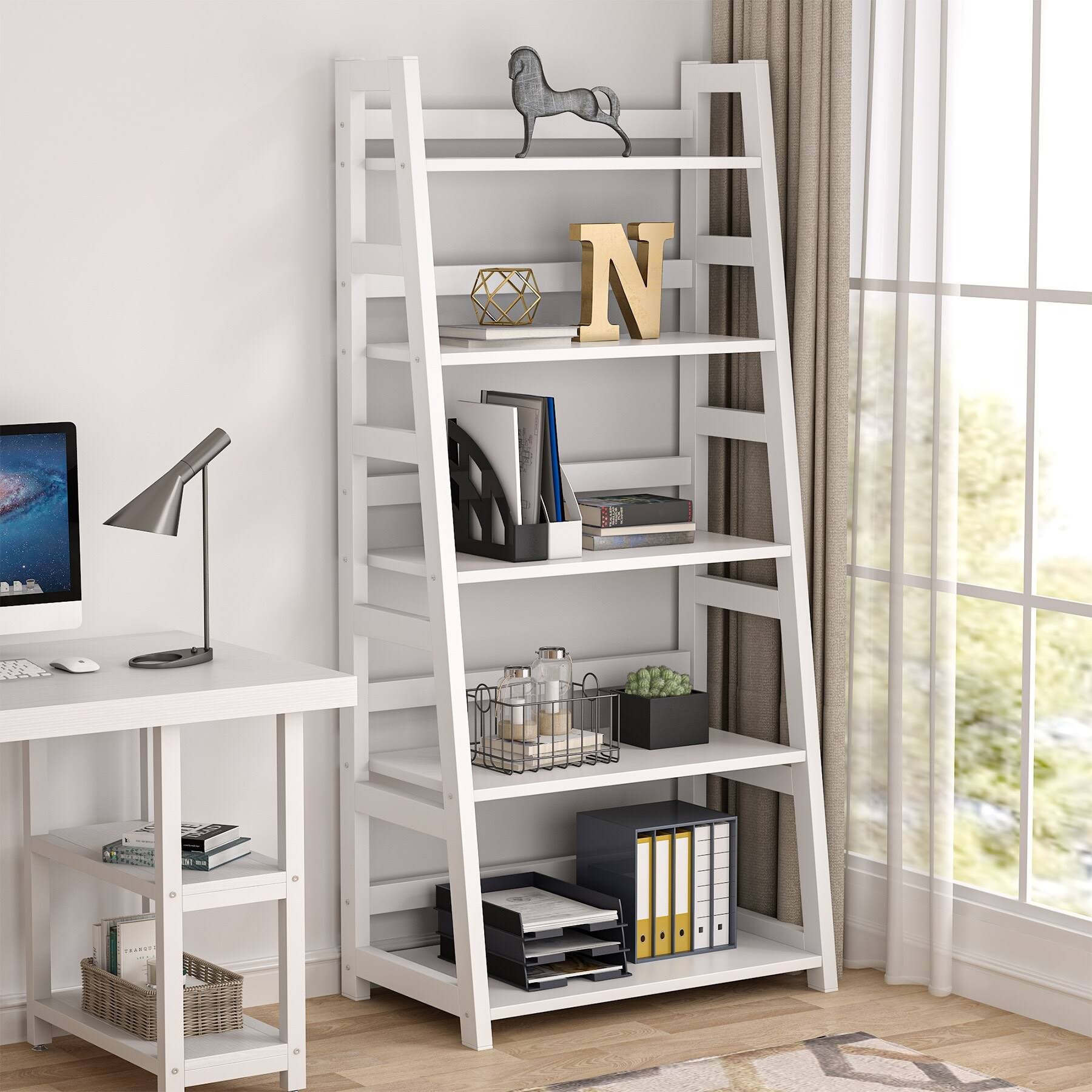 5-Tier Ladder Bookshelf Bookcase, 5 Shelf Ladder Shelves for Living Room - Brown