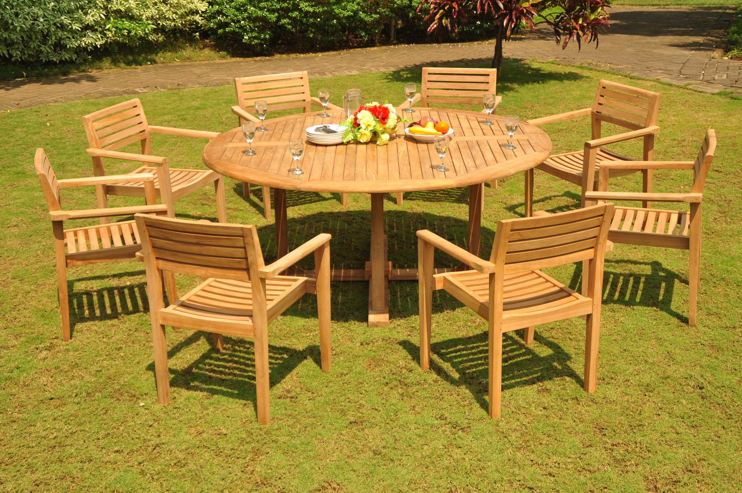 Teak Dining Set: 8 Seater 9 Pc: 72" Round Dining Table And 8 Montana Stacking Arm/Captain Chairs Outdoor Patio Grade-A Teak Wood WholesaleTeak #WMDSMTj
