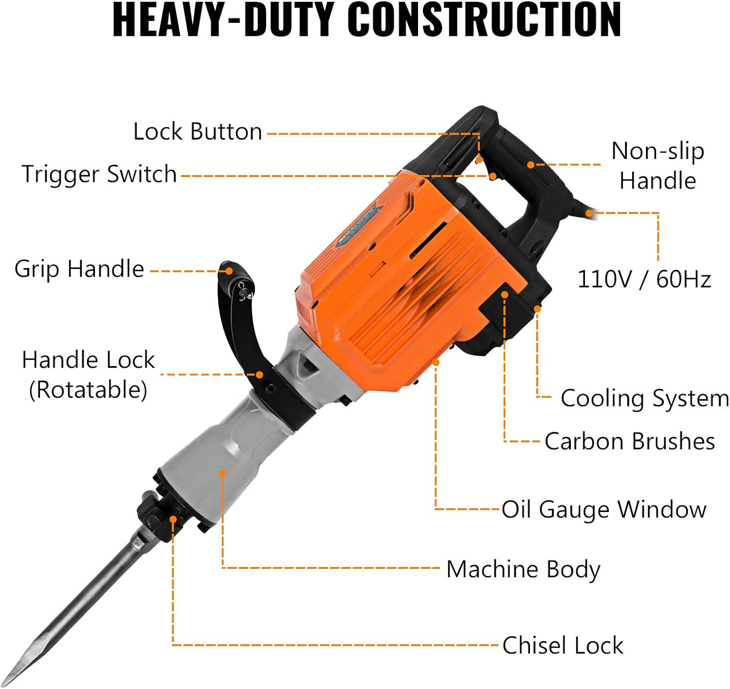 Mophorn 3500W Electric Demolition Hammer Heavy Duty Concrete Breaker 1400 BPM Jack Hammer Demolition Drills with Flat Chisel Bull Point Chisel (3500 W)