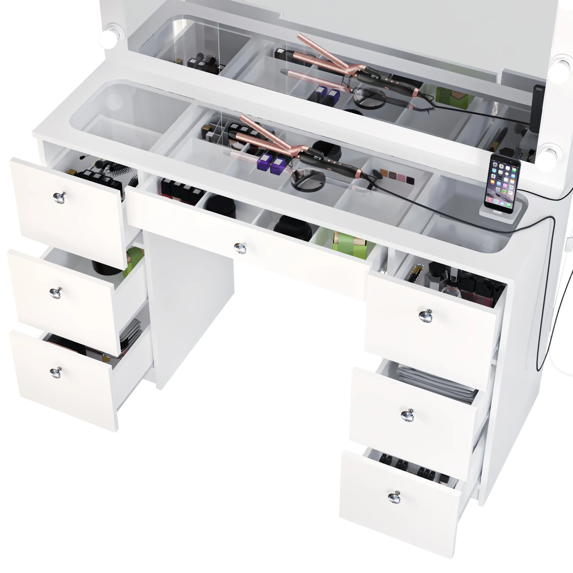 Boahaus Modern Yara Makeup Vanity Table Set with Mirror, 7 Drawers, White, Built-in Lights