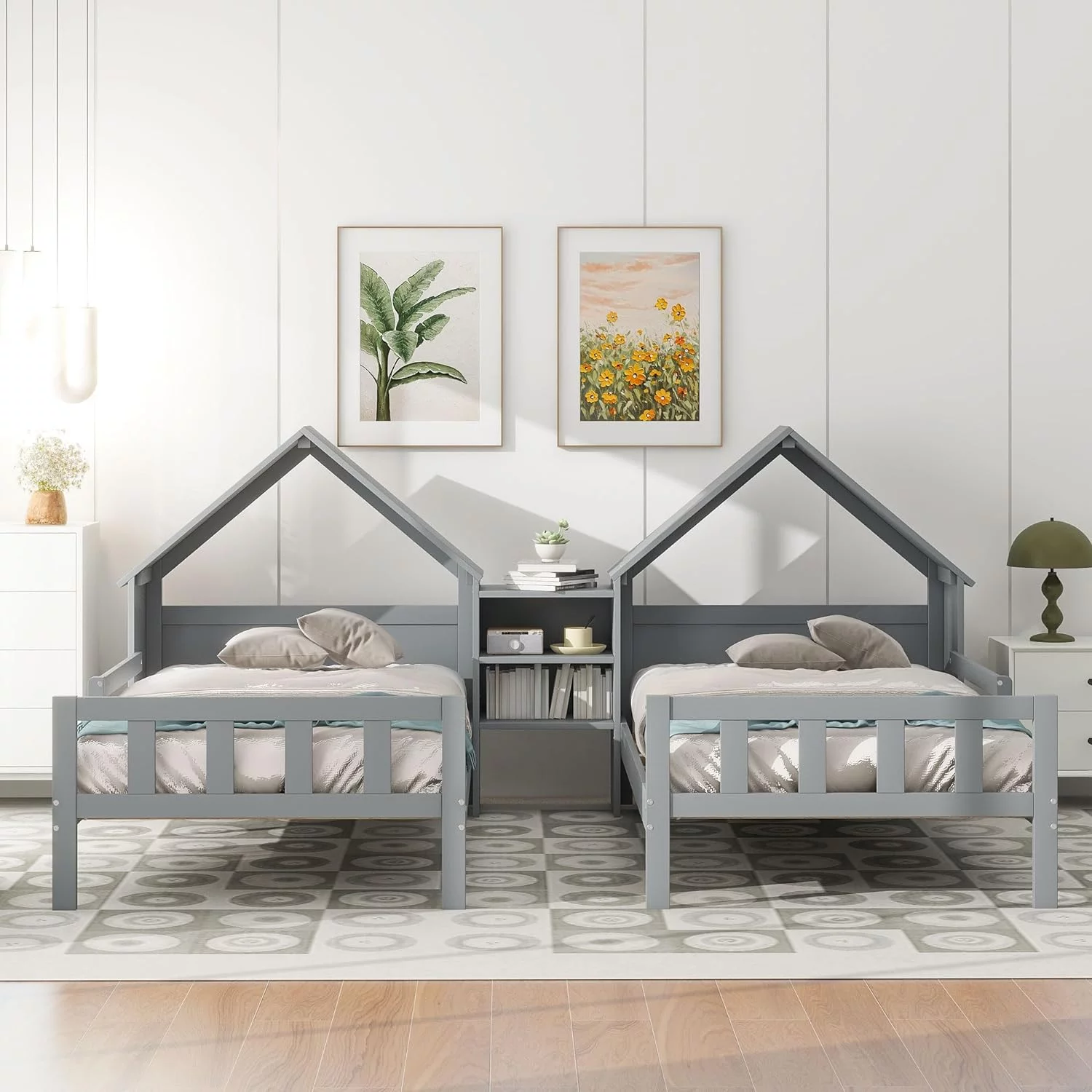 Double Size Platform Bed, Shared Bed Frame With House-Shaped Headboard And A Built-In Nightstand,Grey