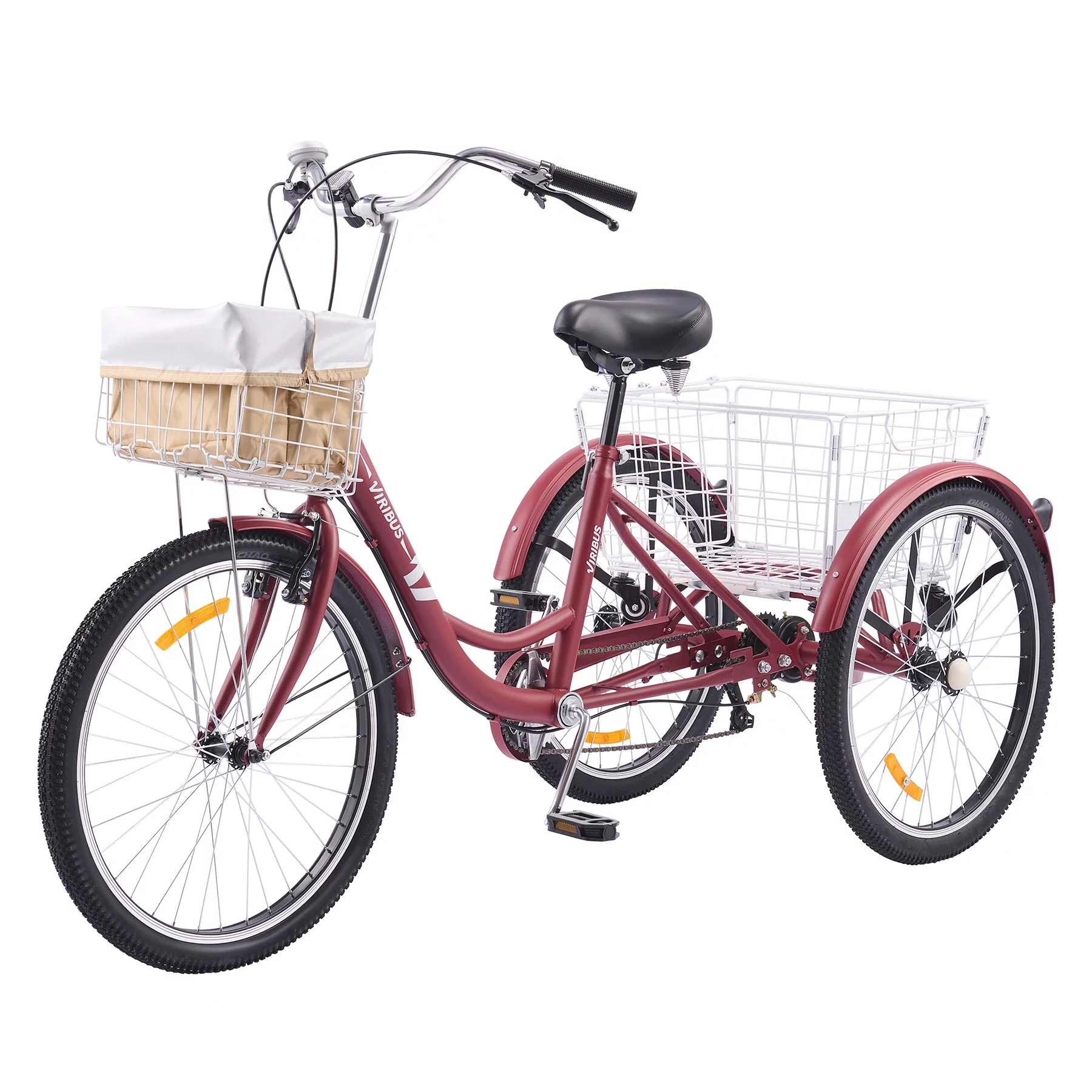 VIRIBUS 26 Inch Adult Trike 7 Speed Bike w Adjustable Seat 2 Baskets Matte Red - Curated Treasures Market