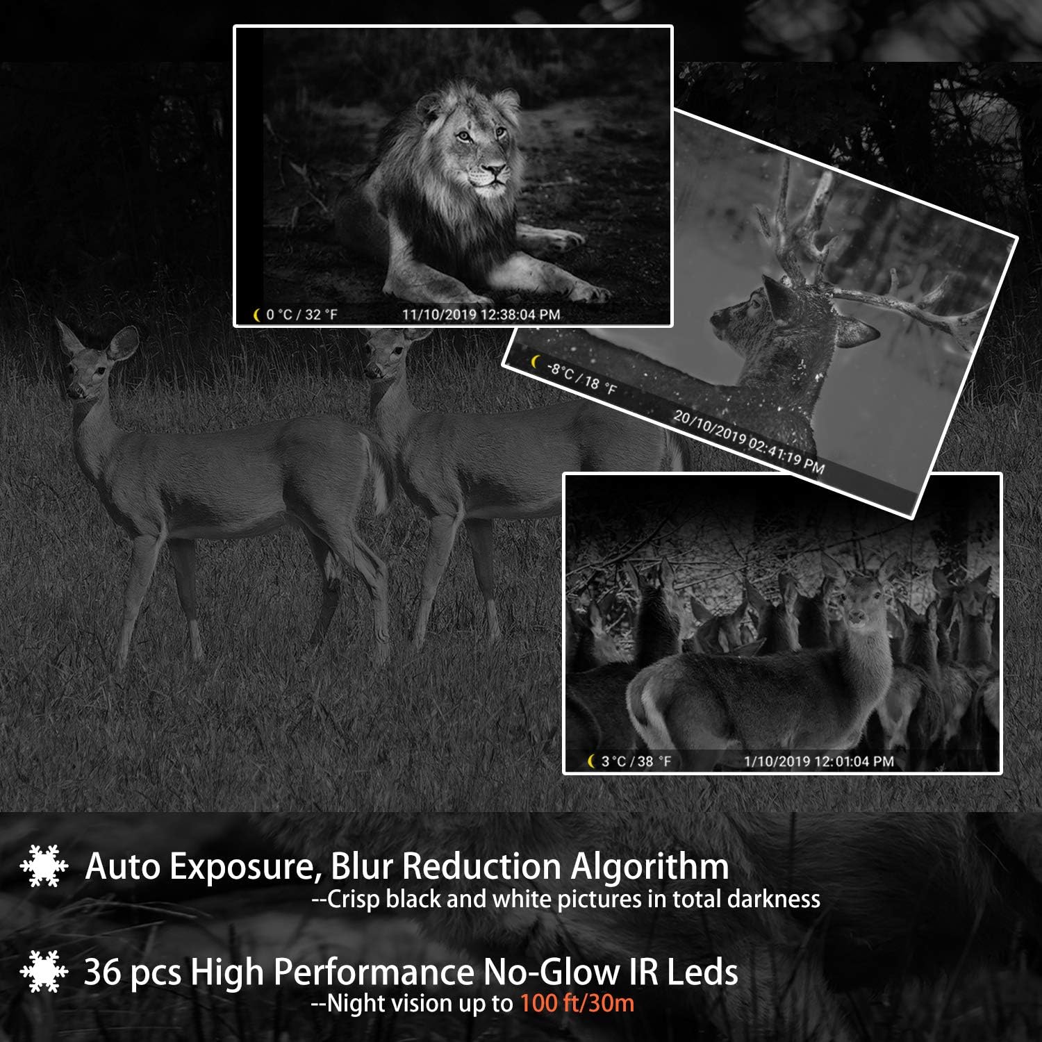 Professional Game & Deer Trail Camera with 100ft Night Vision 24MP Photo 1296P H.264 MP4 Video 0.1S Trigger Motion Activated Waterproof for Outdoor Wildlife Hunting & Home Security Surveillance