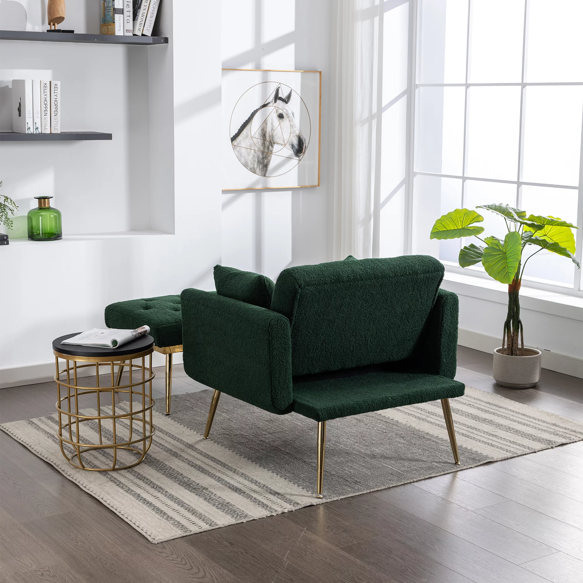 Ufurpie 36.61"Wide Modern Accent Chair With 3 Positions Adjustable Backrest,Tufted Chaise Lounge Chair,Single Recliner Armchair With Ottoman for Living Room, Bedroom,Green-Sherpa