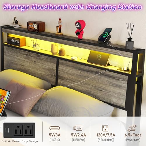 SADENICEL Queen Bed Frame with Storage Headboard and 4 Drawers, Metal Platform Bed Frame with LED Light, Charging Station, No Box Spring Needed, Noise Free, Easy Assembly, Vintage Brown
