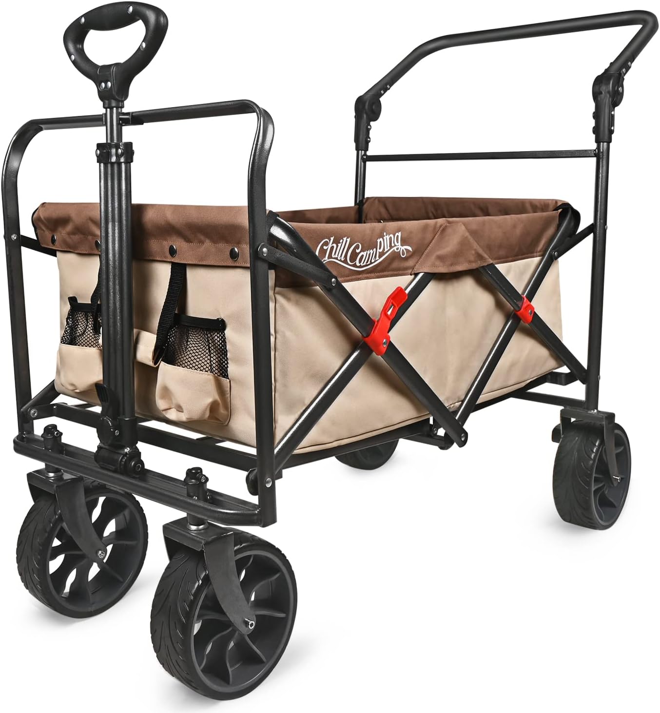 Collapsible Folding Wagon with Adjustable Push Pull Handles , Beach Wagon with Big Rubber Wheels for Sand, Utility Wagon Cart for Groceries, Purple/Gray