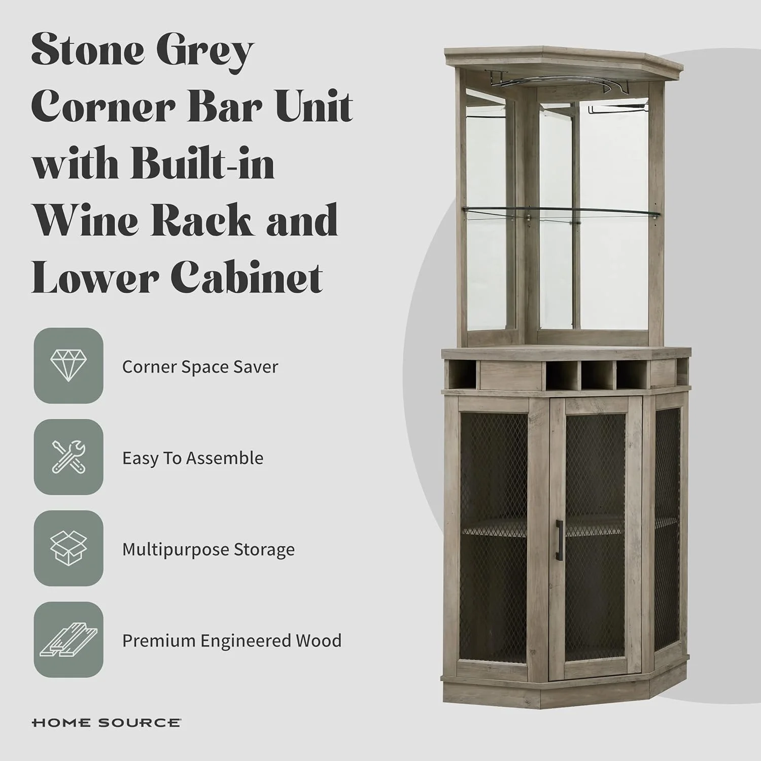 Stone Grey Corner Bar Unit 73" With Built-In Wine Rack And Lower Bar Cabinet For Liquor And Glasses | Storage