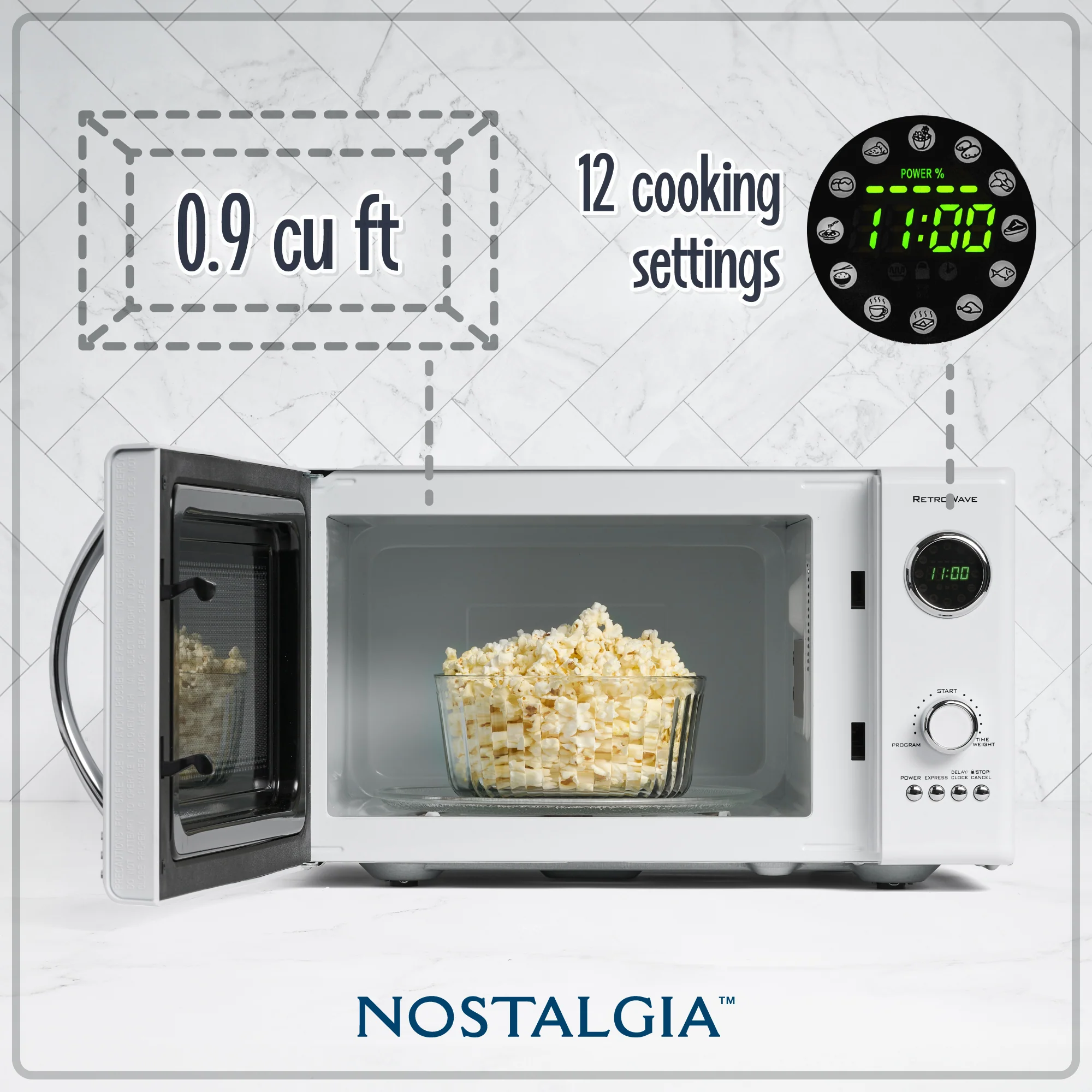Retro 0.9 Cubic Foot 800-Watt Countertop Microwave Oven - White
