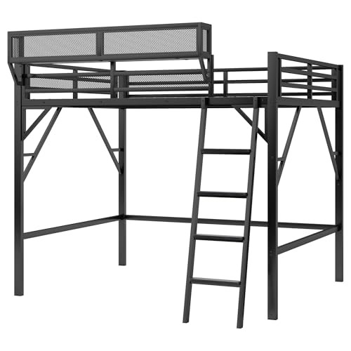 Full Size Loft Bed with Stairs and Storage, Metal Loft Bed Frame with Bedside Shelf and Large Under-Bed Space, Heavy-Duty Bed for Adults Teens and Kids, Black