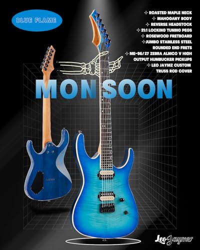 Leo Jaymz Electric Guitar Monsoon Series,Reverse Headstock,Mahogany Body,Roasted Maple Neck,Rosewood Fretboard,Locking Tuners,Rounded End Frets,AlnicoV Pickups,Fixed Bridge (Blue Flame)