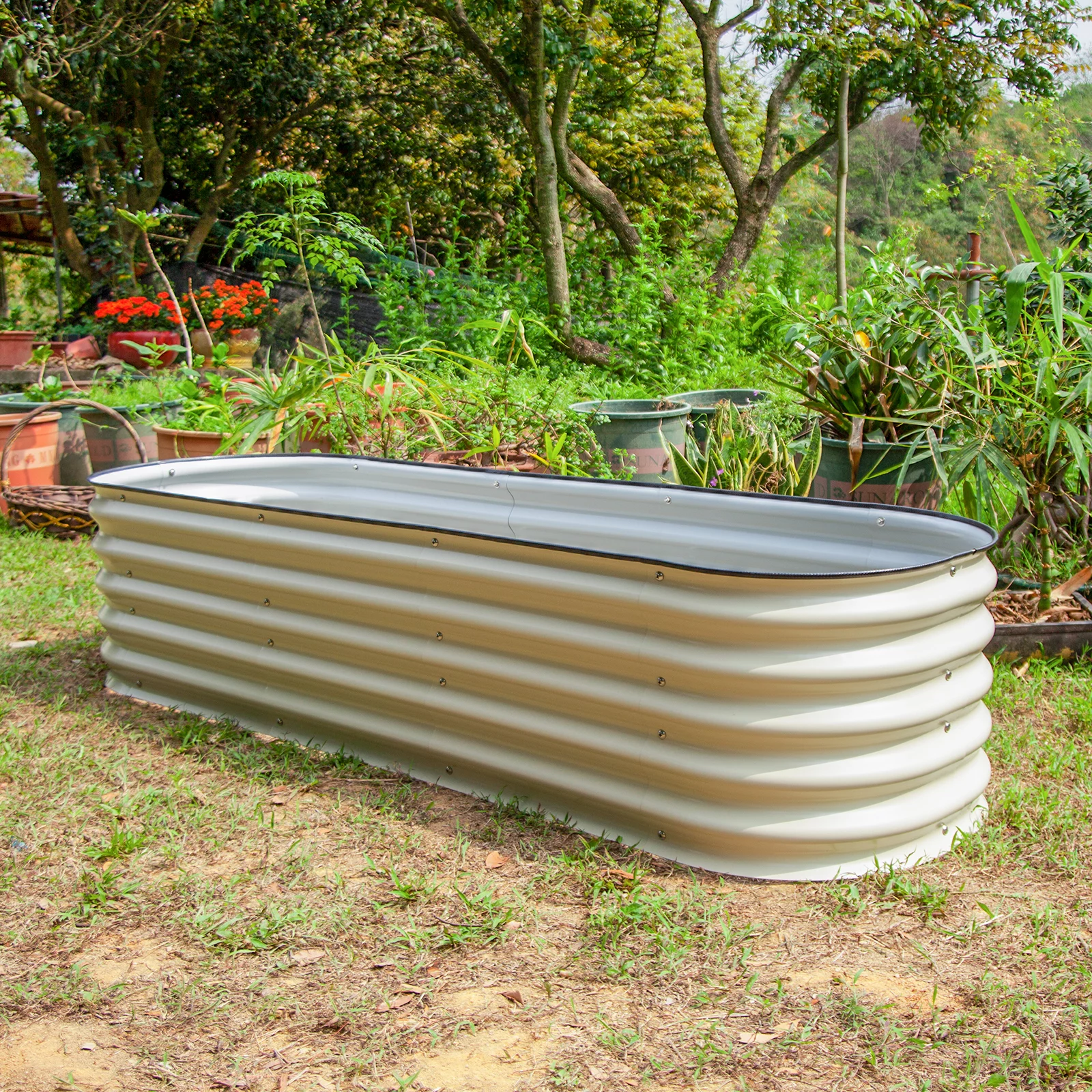 VEGEGA 17" Tall 6-In-1 Modular Corrugated Metal Raised Garden Bed Kit Planter for Grass, Lawn, Yard - White 6.5'x2'