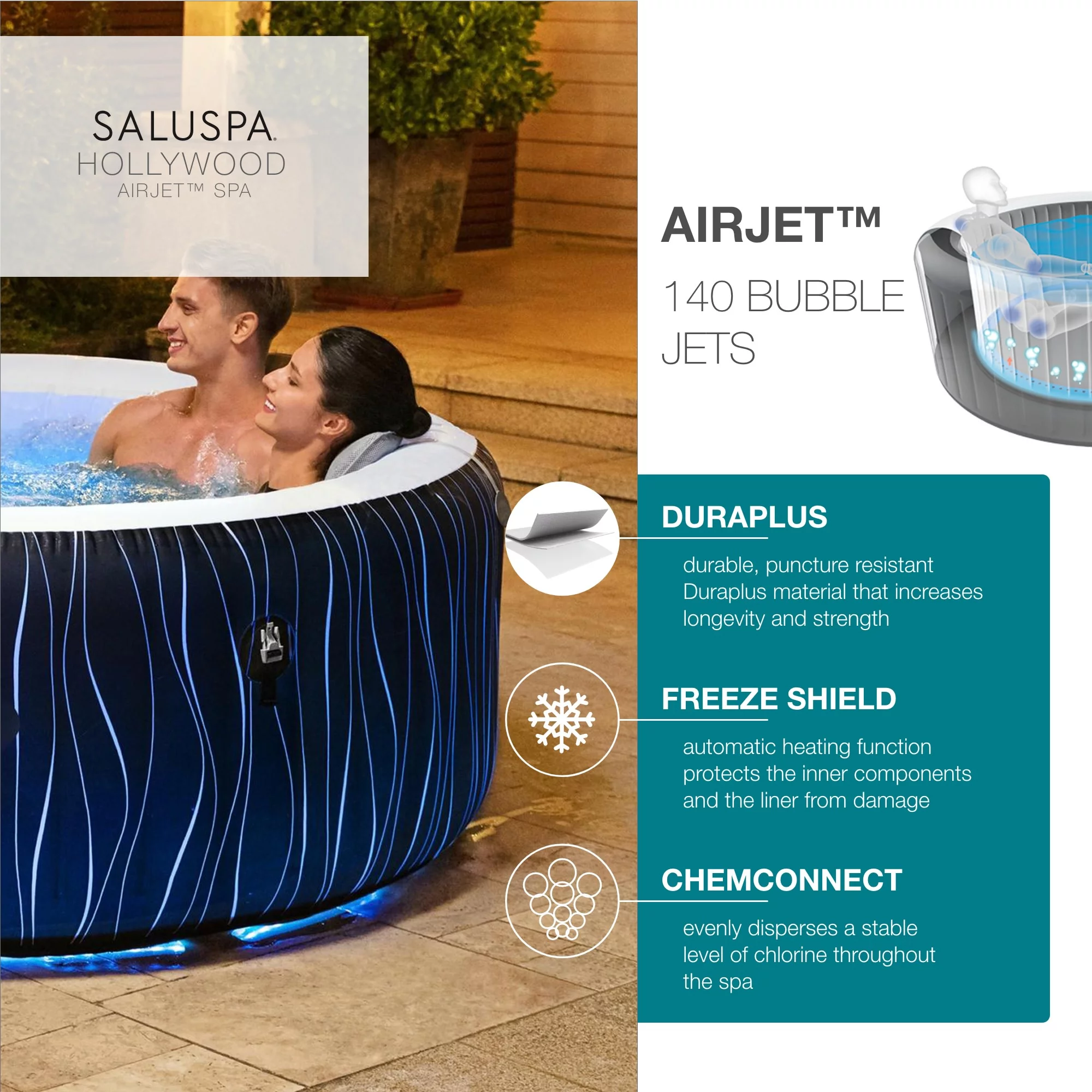 SaluSpa 77" x 26" Hollywood 240 Gal. Inflatable Hot Tub with LED Lights, 104˚F Max Temperature