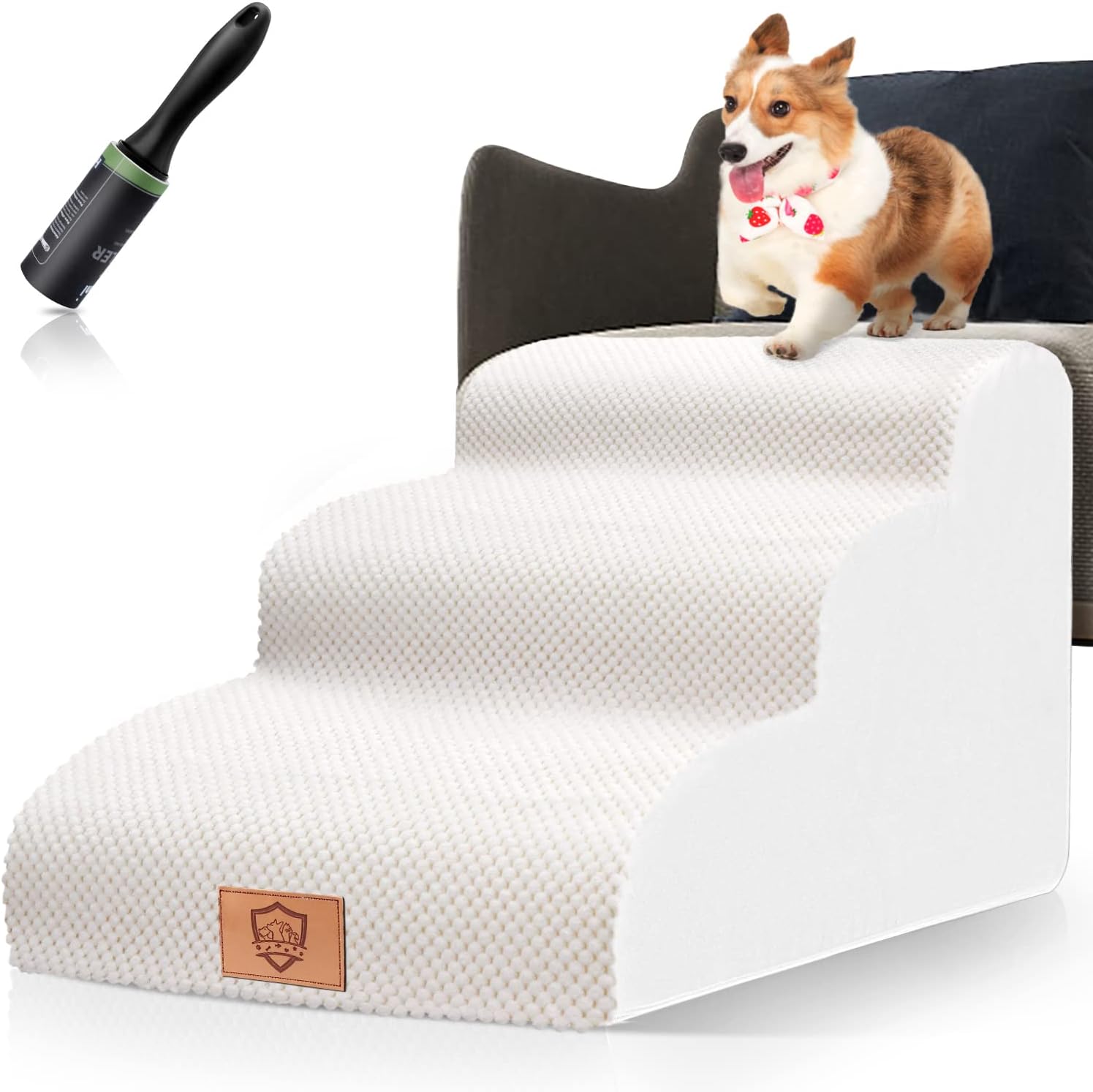 High Density Foam Pet Stairs,3 Tiers Pet Steps, Non-Slip Dog Ramps with Removable Cover,15.7 Inch High Dog Ladder,Best for Short Legs,Injured Dogs&Cats ,White,Send a Pet Hair Remover Roller