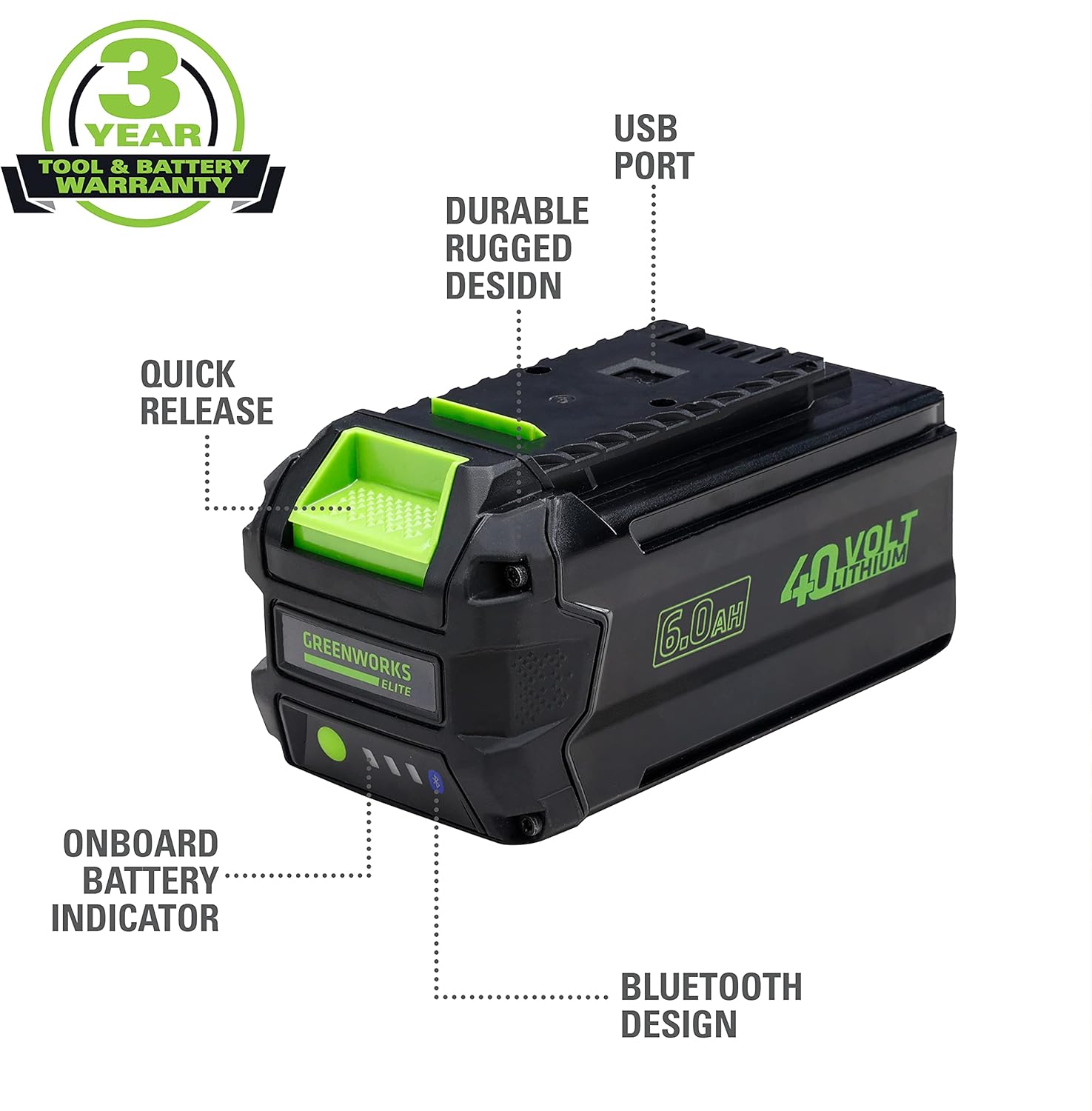 Greenworks L-600 40V 6AH Smart Lithium-Ion USB Battery