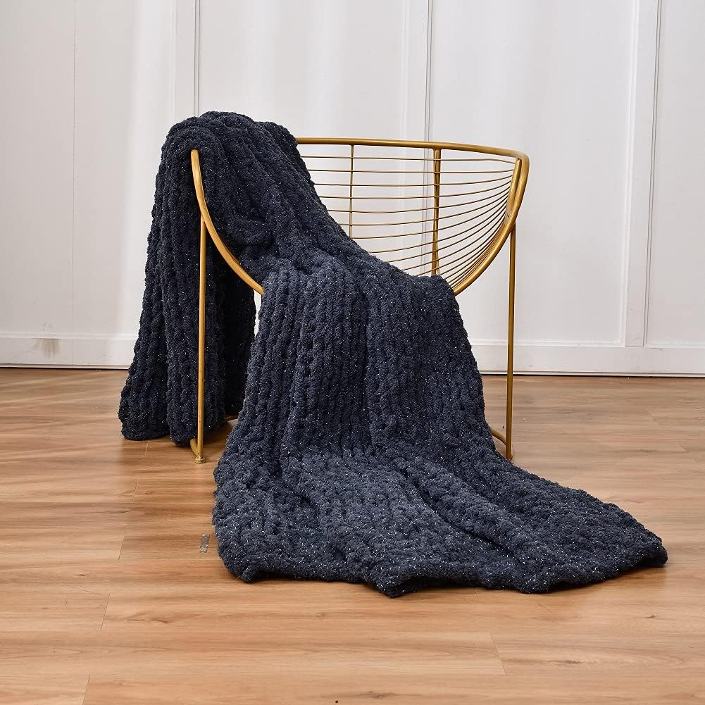 DIRUNEN Chunky Knit Luxury Throw Blanket Large Cable Knitted Premium Soft Cozy Chenille Bulky Blankets for Cuddling up in Bed, on The Couch or Sofa Navy 40×59
