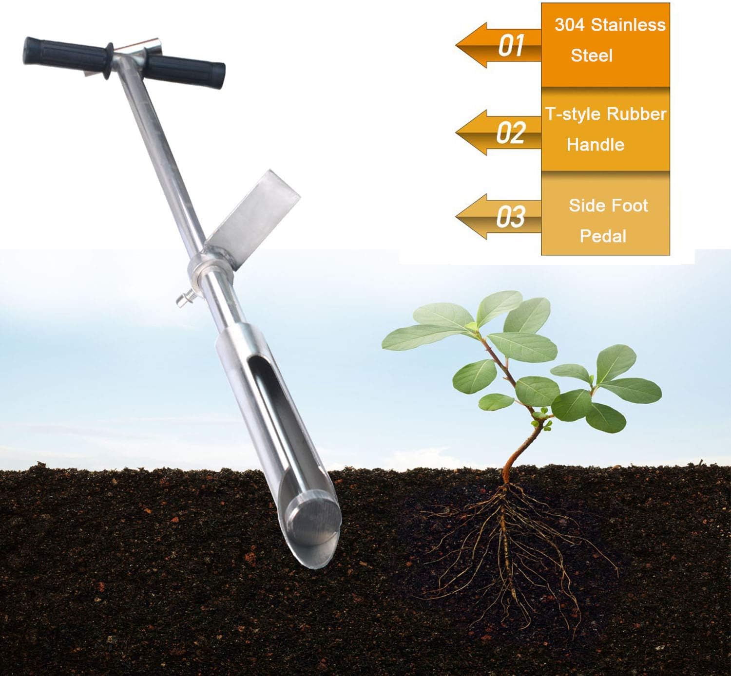 40" Soil Sampler Probe Rod with Sample Ejector, Soil Probe Sampler 304 Stainless Probe Step Tube with Foot Pedal T-Style Handle Soil Probes for Soil Sampling, Lab Garden Soil Test Tool Scaled Kit