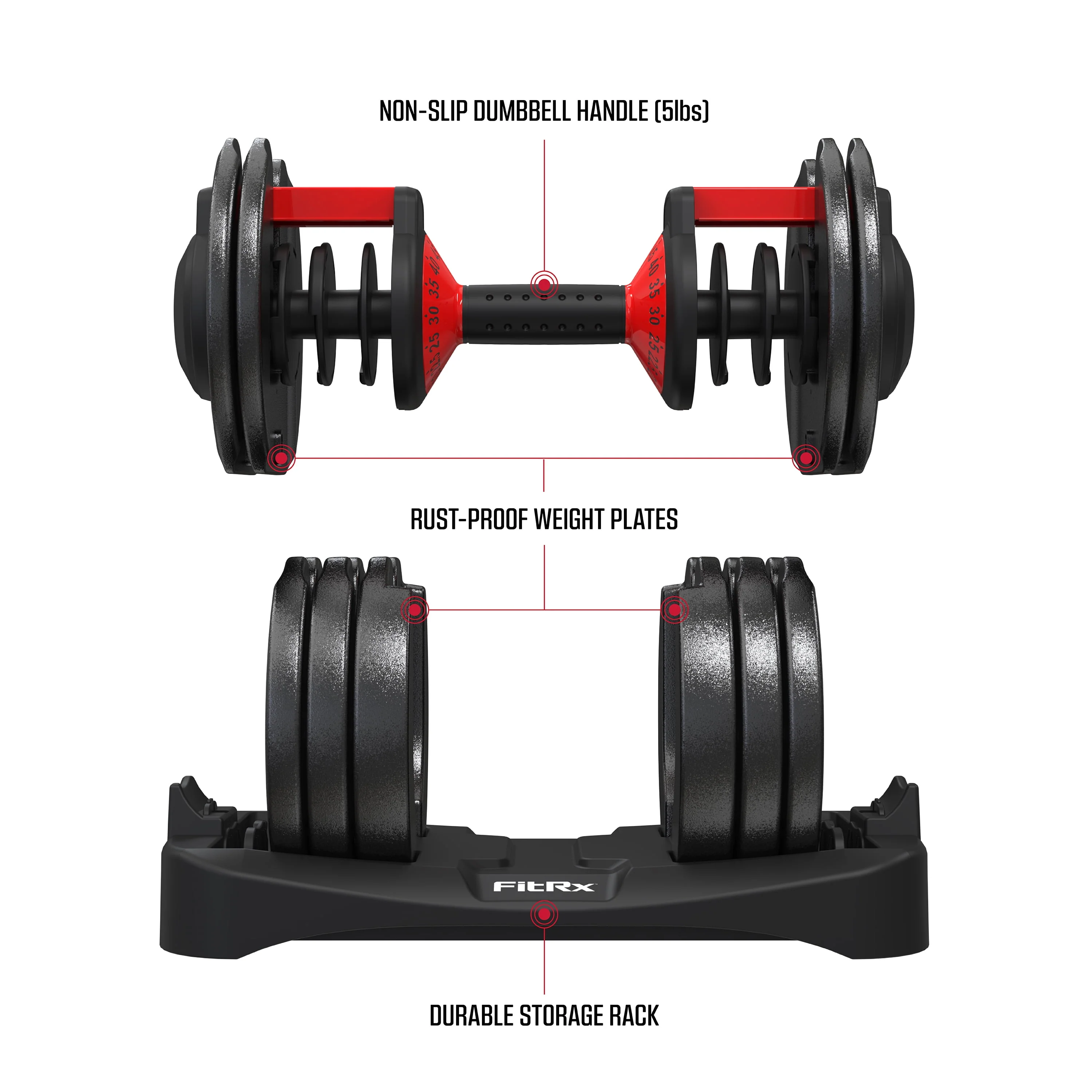FitRx SmartBell, Quick-Select Adjustable Dumbbell, 5-52.5 lbs. Weight, Black, Single