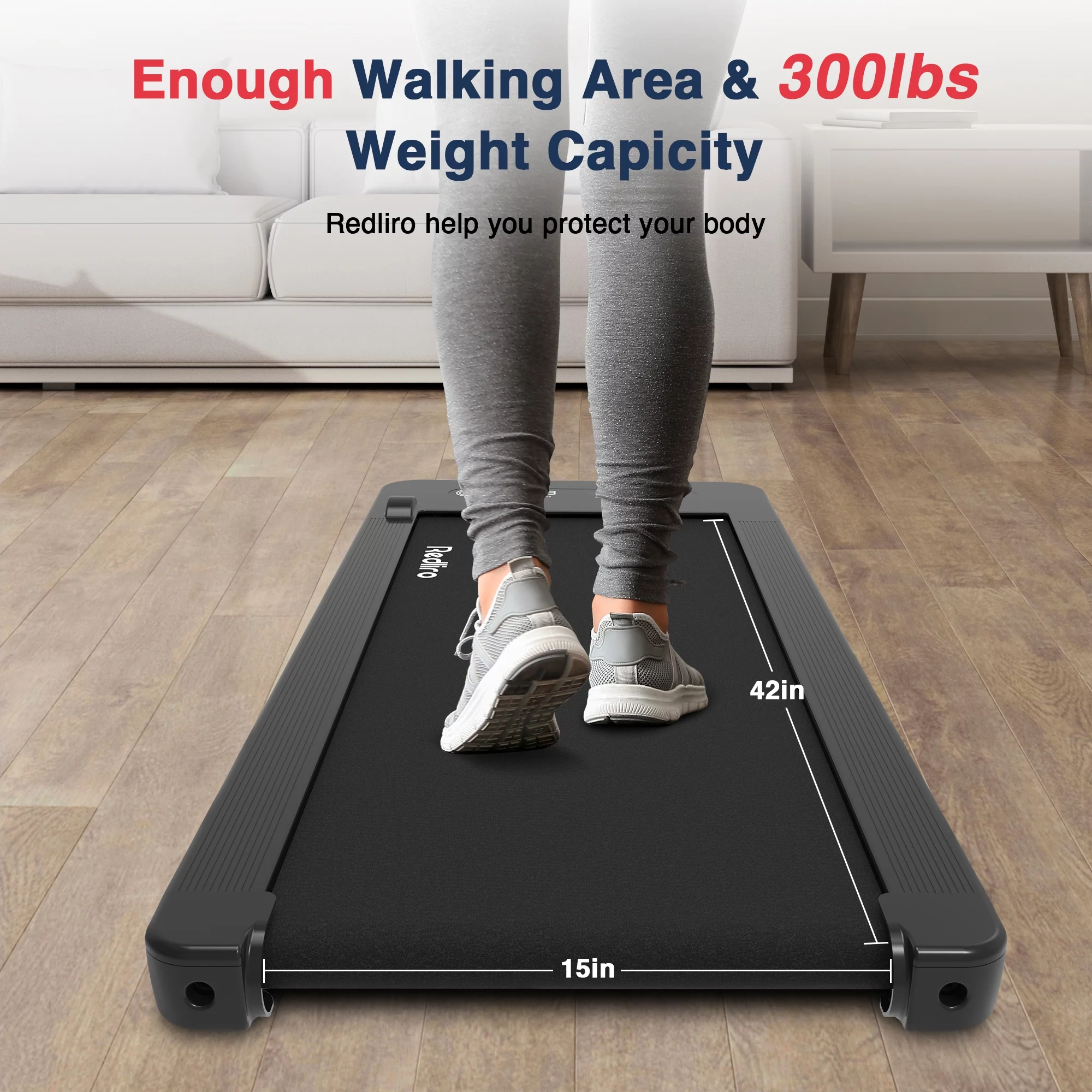 Redliro Under Desk Treadmill Walk Pad 2.25HP 300LBS Anti-Slip Belt Compact for Home Office, Silver