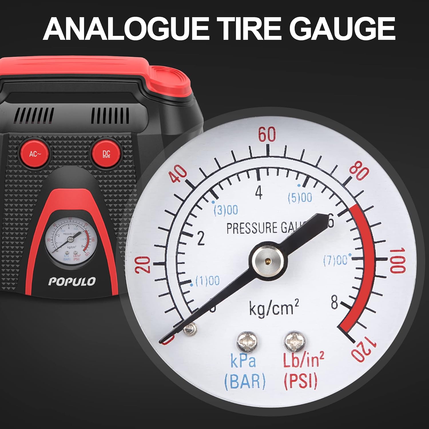 POPULO Tire Inflator Air Compressor, AC/DC Portable Air Compressor Pump for Car (12V DC) and Home (120V AC), Car Tire Inflator with Pressure Gauge for Bike, Motorcycle, Ball and Other Inflatables