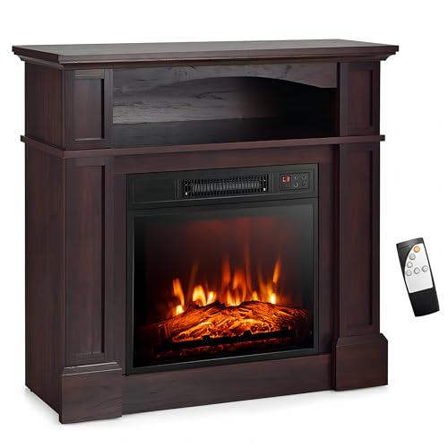 SIMOE 32 Inch Electric Fireplace, 1400W Freestanding Fireplace Heater w/Remote Control & Adjustable 3D Flame Effect, Indoor Fireplace Mantel for Living Room, Bedroom