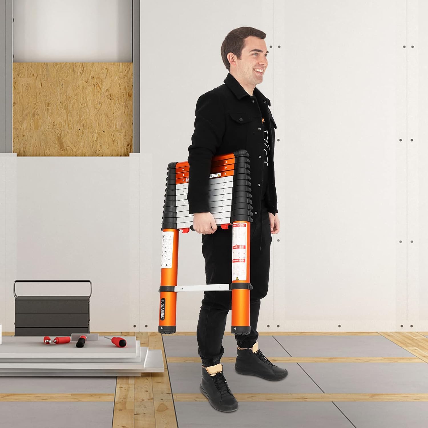LUISLADDERS Telescoping Ladder Multi-Use Telescopic Extension Ladder One-Button Retraction Anti-Pinch and Anti-Slip 330 Lb Capacity (12.46 Feet)