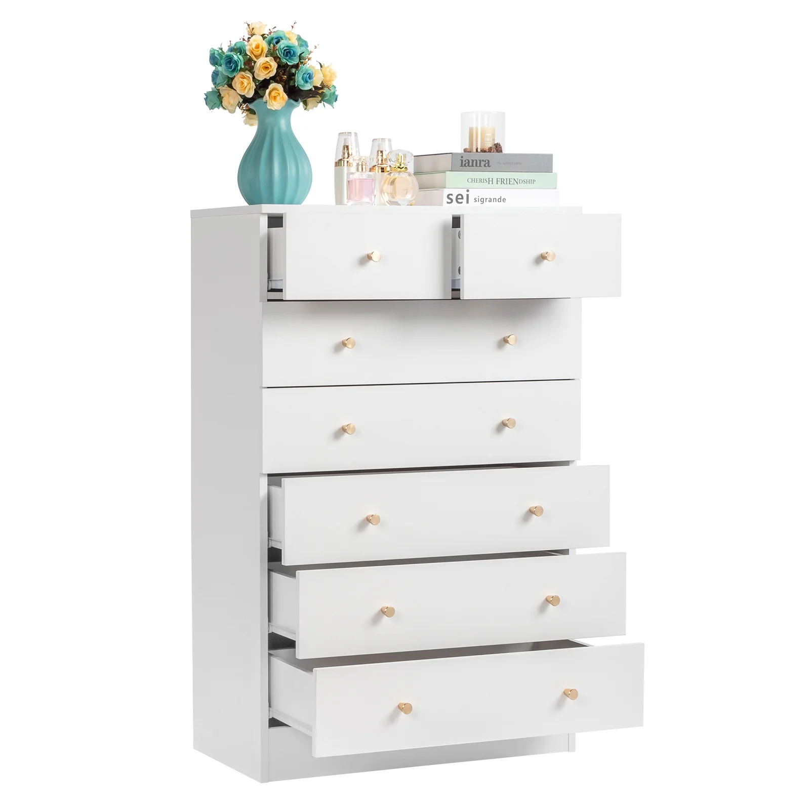 UBesGoo 7 Drawer Wood Dresser for Bedroom, Chest of Drawers, Storage Organization Unit for Clothing, White