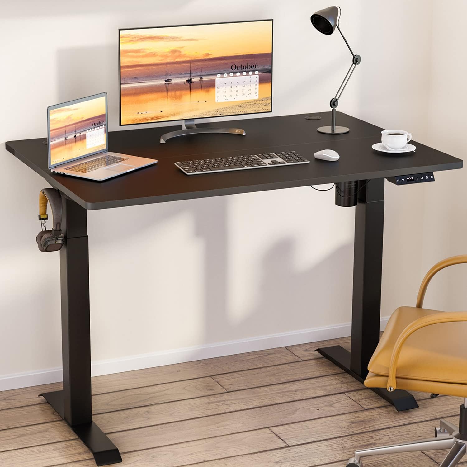 Meilocar Height Adjustable Electric Standing Desk, Sit Stand Computer Desk w/Memory Controller, Home Office Workstation Stand up Desk w/Splice Board, 48 x 24 Splice Board (Black Top + Black Frame)