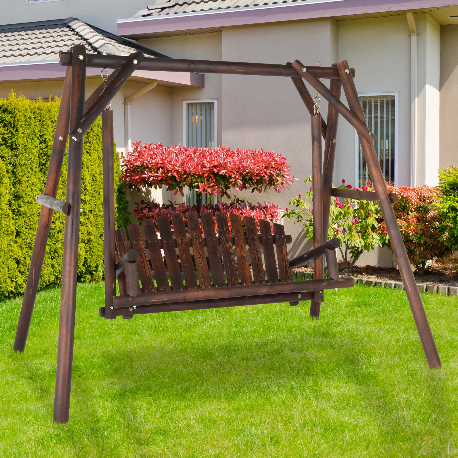 6.5’ Outdoor Rustic Loveseat Freestanding Solid Wood Natural Log Garden Swing，Brown