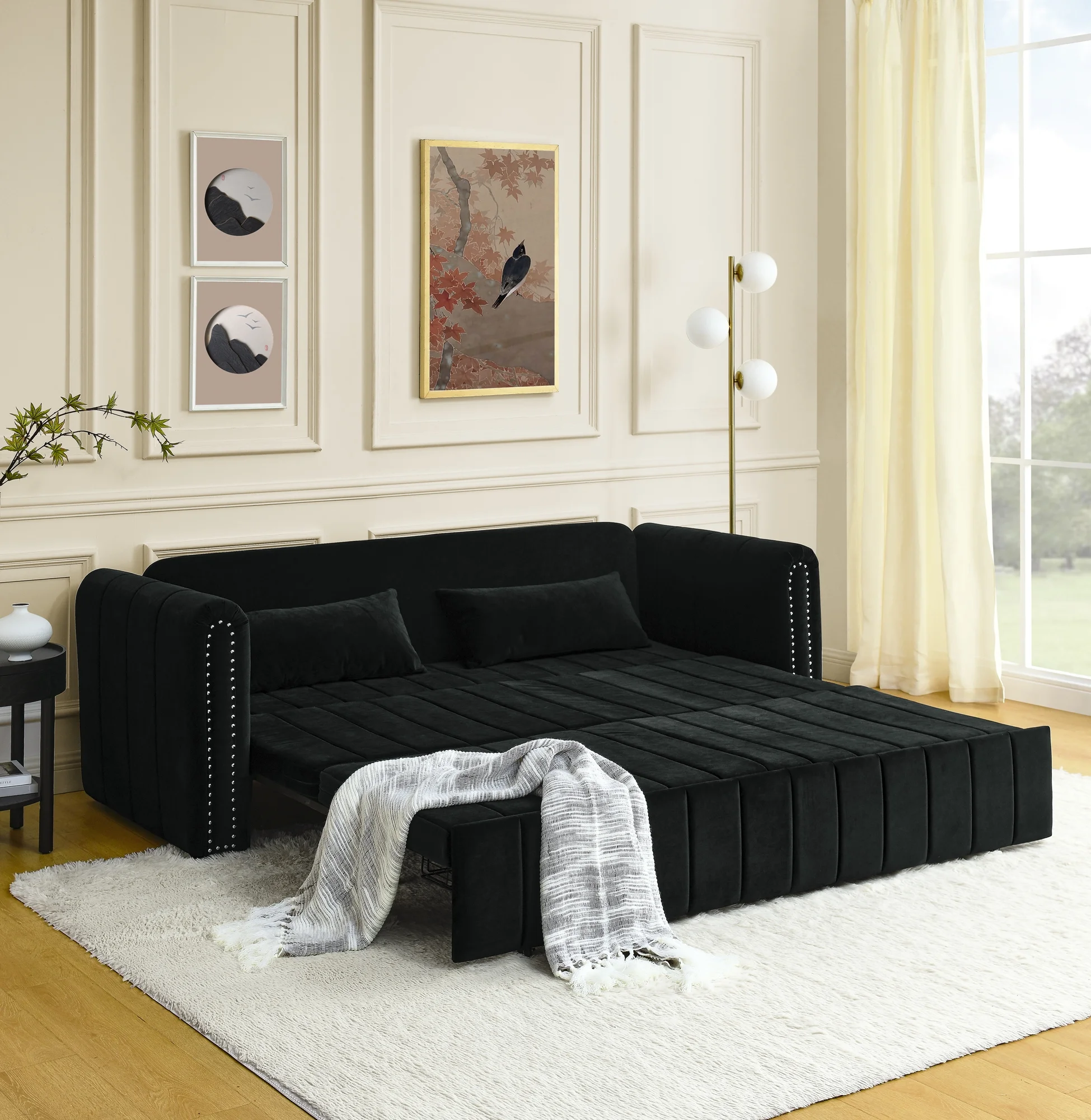 3-in-1 Convertible Sleeper Sofa Bed,Pull-Out Bed Sleeper with Rolled Arms Decorated with Copper Nails,Modern Upholstered 3 Seats Sofabed with Two Drawers and Two Pillows,Black - Curated Treasures Market