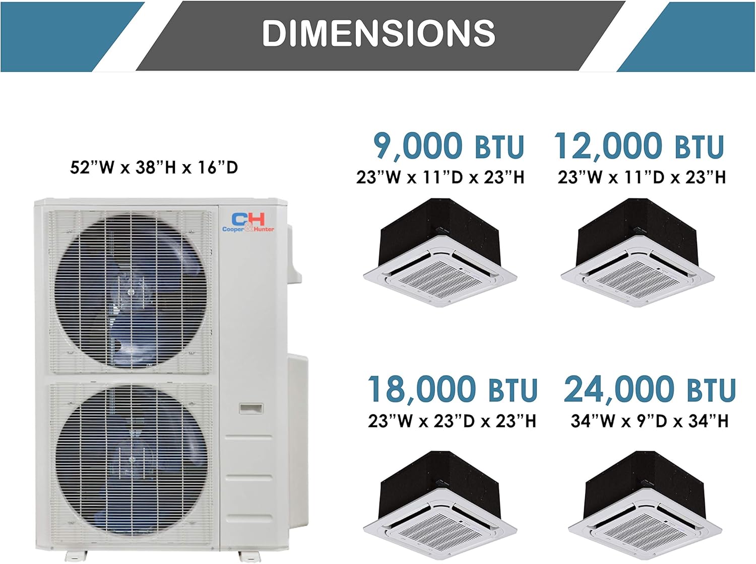 COOPER AND HUNTER Quad 4 Zone Ductless Mini Split Air Conditioner Ceiling Cassette Heat Pump 9000 9000 9000 24000