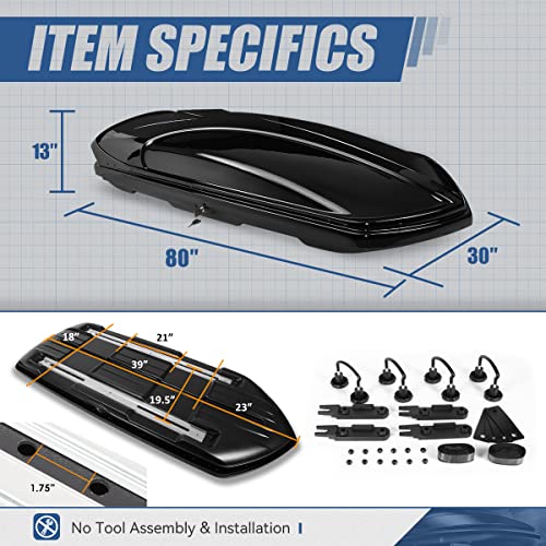 Auto Dynasty Hard Shell Roof Top Mount Car Storage Travel Luggage Box Cargo Carrier, 53 (L) x 34 (W) x 15 (H) Inches, Capacity 110 Pounds, 11 Cubic Feet (Tool-Free Install), Glossy Black Finish