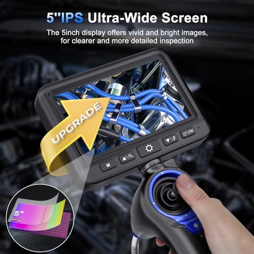360°Articulating Borescope Camera - JESERAL 5" HD 1080P Inspection Camera Screen with 6 Light, Endoscope with 6.2mm IP67 Waterproof Probe, 3X Zoom 4-Way Borescope with Flexible Cable