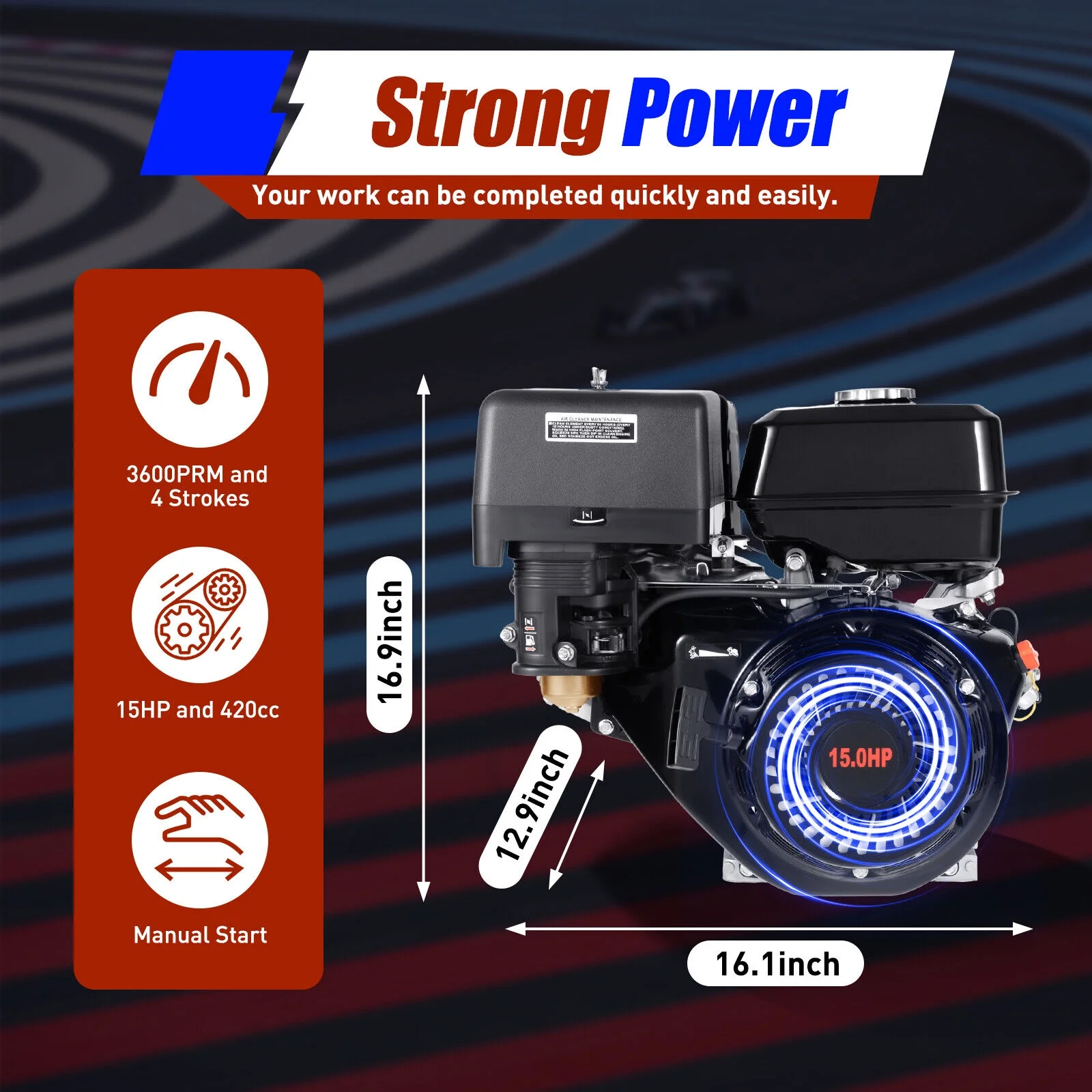 SHZICMY 15HP 4Stroke 420CC Engine OHV Inclined Gas Engine Recoil Start Go Kart Motor Red 190f