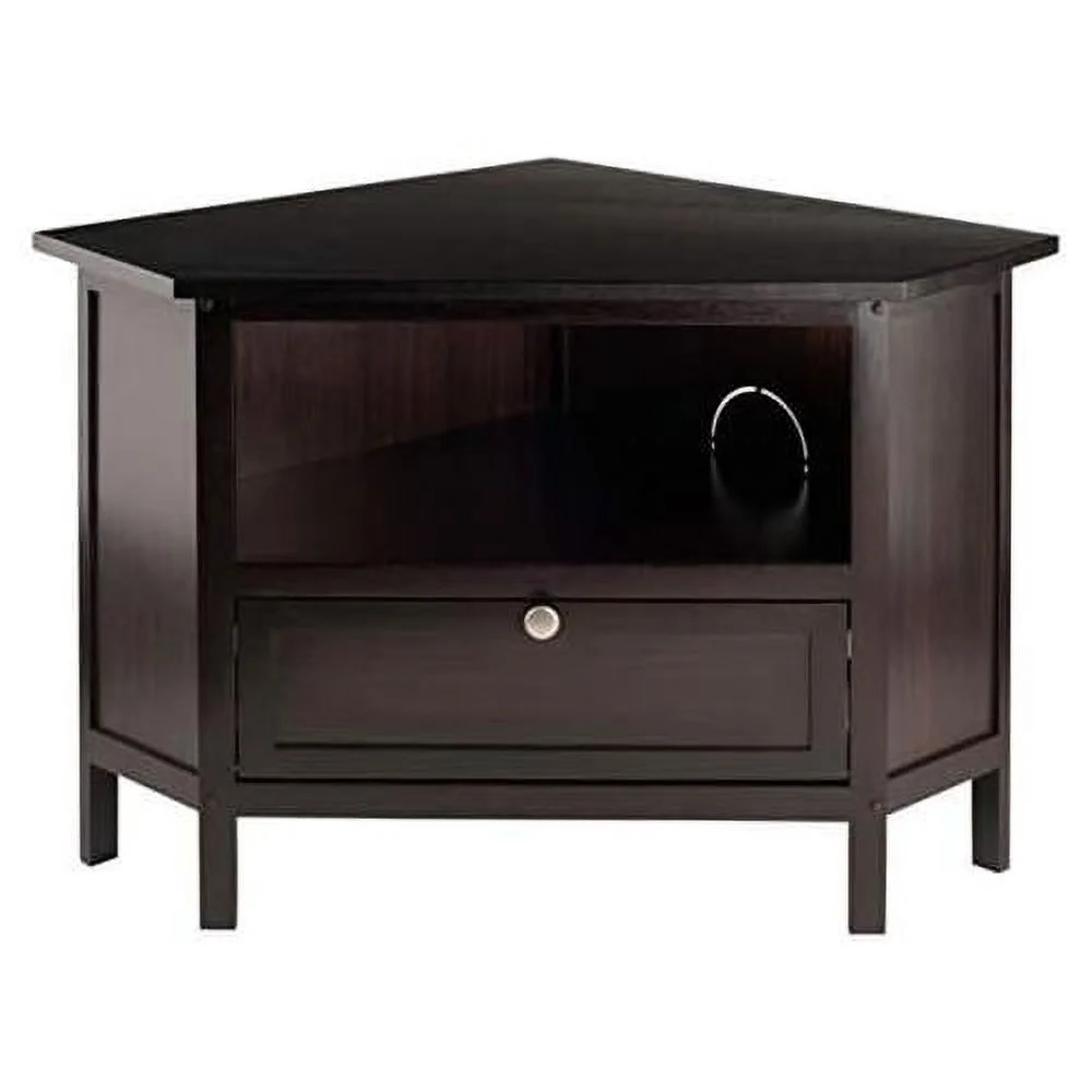 Wood Zena Corner TV Media Stand - Espresso, 27" TV Capacity, Open Shelf & Pull-Down Door, Wire-Access Grommet, Easy Assembly, 34.65" W X 23.94" D X 22.28" H