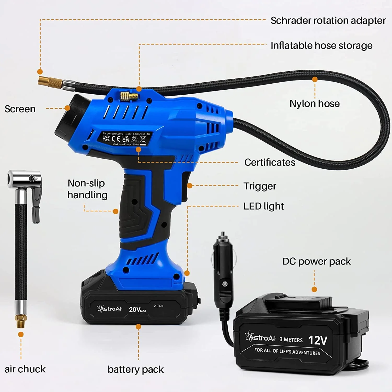 Car Auto Tire Inflator, 160 PSI Cordless Car Air Pump, with 20V Rechargeable Battery, Yellow, for Gift