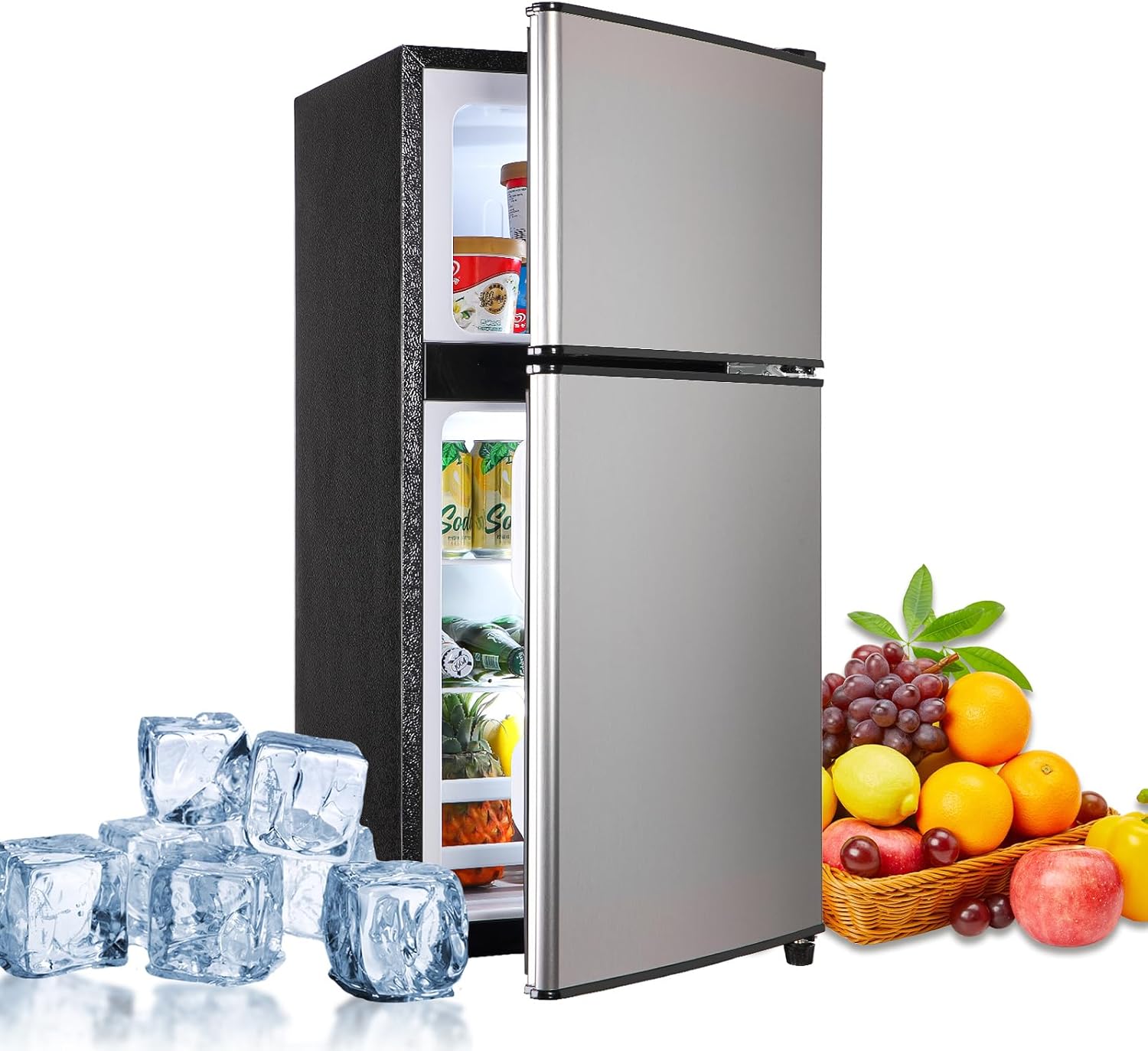 3.5 Cu.Ft Mini Fridge with Freezer, Double Door, Small Refrigerator,7-Level Adjustable Thermostat, Quiet Mini Fridge for Bedroom, Dorm, Office, Apartment Silver