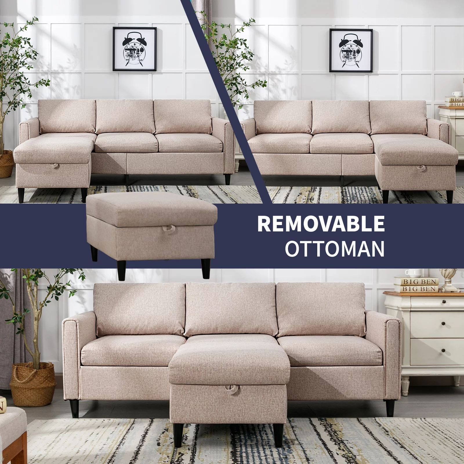 ZAFLY Convertible Sectional Sofa Couch, 3 Seater Sofa with Storage Ottoman, Modern L-Shape Linen Couches with Flexible Chaise for Living Room - Beige