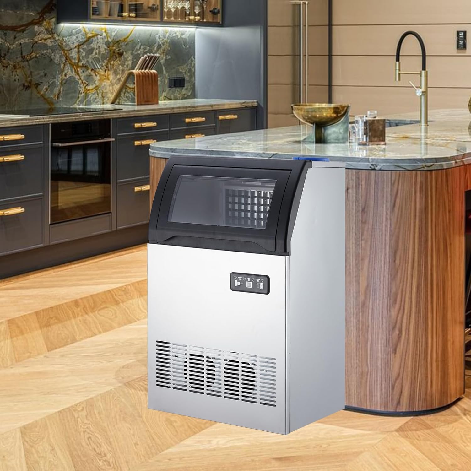 Commercial Ice Maker Machine, Stainless Steel Freestanding Ice Maker with 33 Lbs Ice Storage, 2 Water Inlet Modes, 100 Lbs/24H, Under Counter Ice Machine for Bar Home Office Restaurant RV