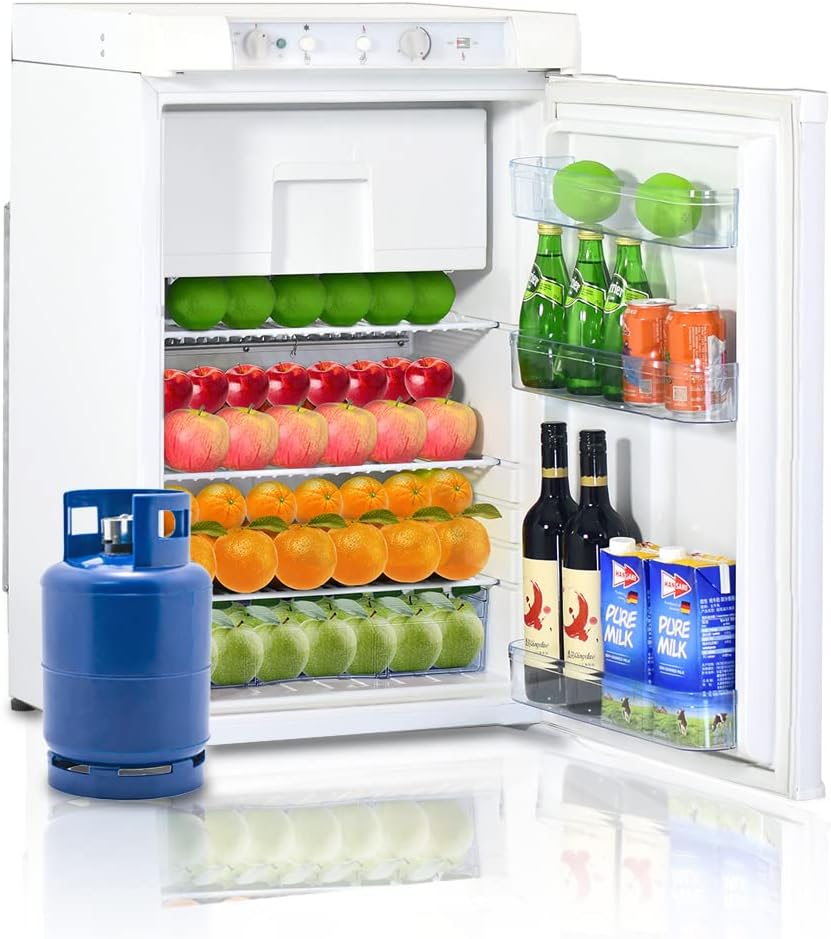3.5 Cu.Ft RV Propane Refrigerator with Freezer, 3 Way Fridge with Reversible Door, AC/DC/GAS Refrigerator for Camper, Cabin, Semi Truck, Van, Quiet, White