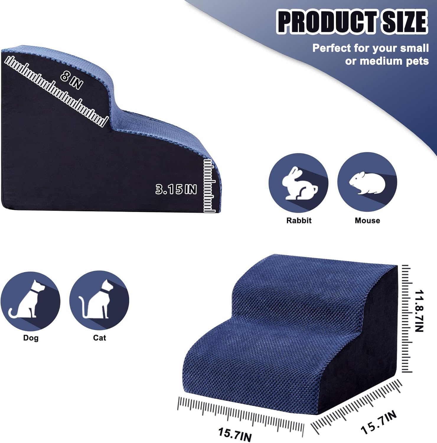 MALOROY 2 Tiers Foam Dog Ramps, Dog Ladder Pet Ramp Stairs Non-Slip Pet Step for Older Dogs and Pets with Joint Pain, Sofa Bed Ladder for Cats（Navy Blue）