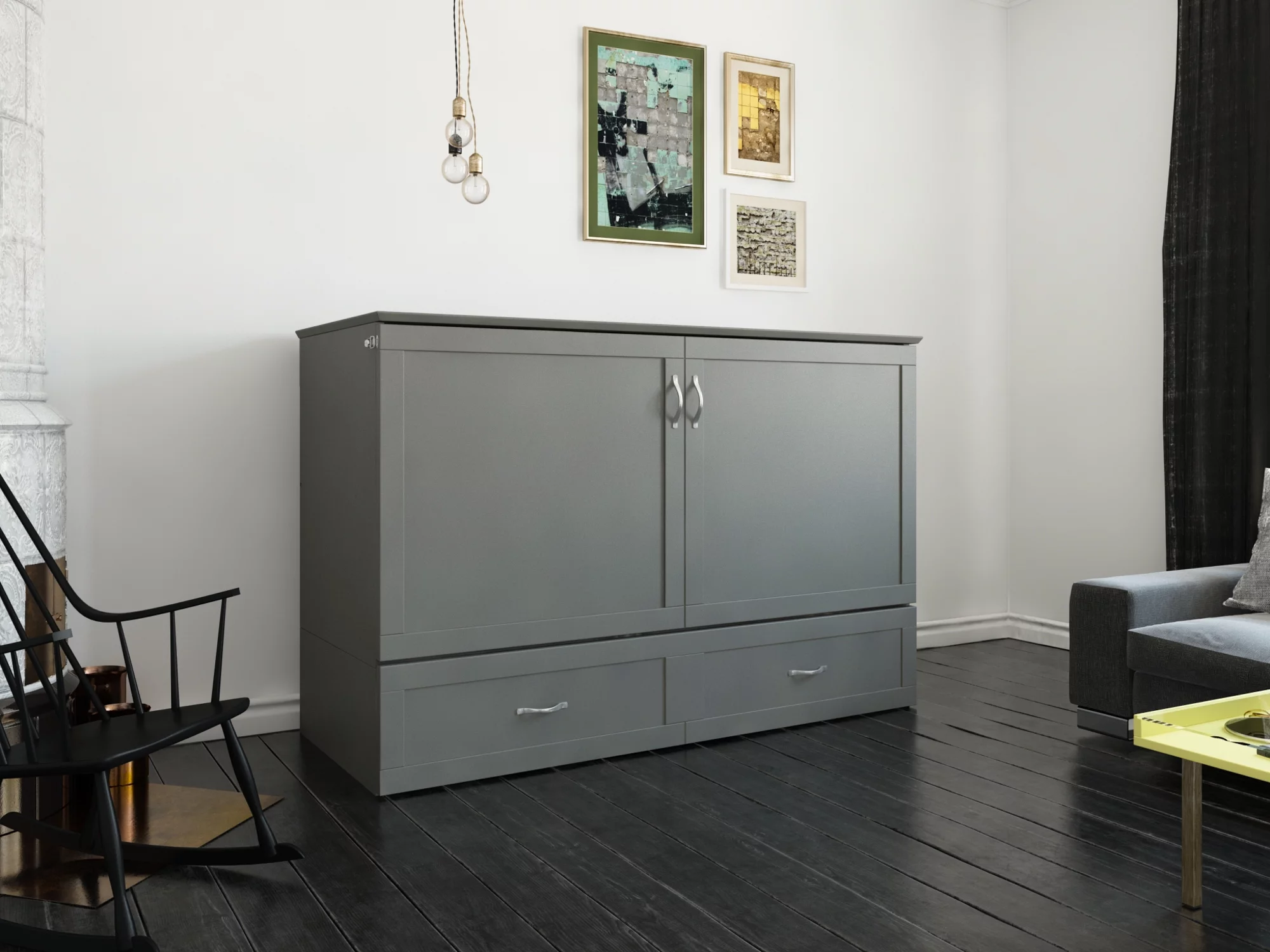 AFI Hamilton Queen Solid Wood Murphy Bed Chest with Mattress, Drawer and Charger in Gray