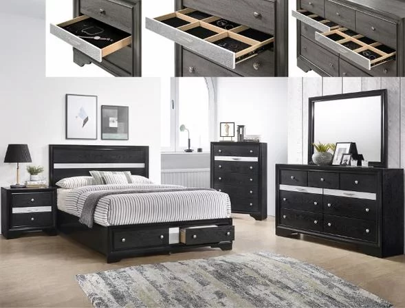 Contemporary 5pc King Size Storage Drwers Panel Bed Dresser Mirror Nighstand Set Black Wooden Home Bedroom Furniture
