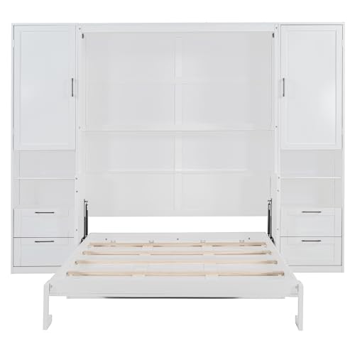 Merax Queen Size Murphy Bed with Desk, Space-Saving Wall Bed Frame with Closet, Drawers and Shelves, Foldable Platform Bed for Small Spaces Studio Study Office Guest Room, Gray