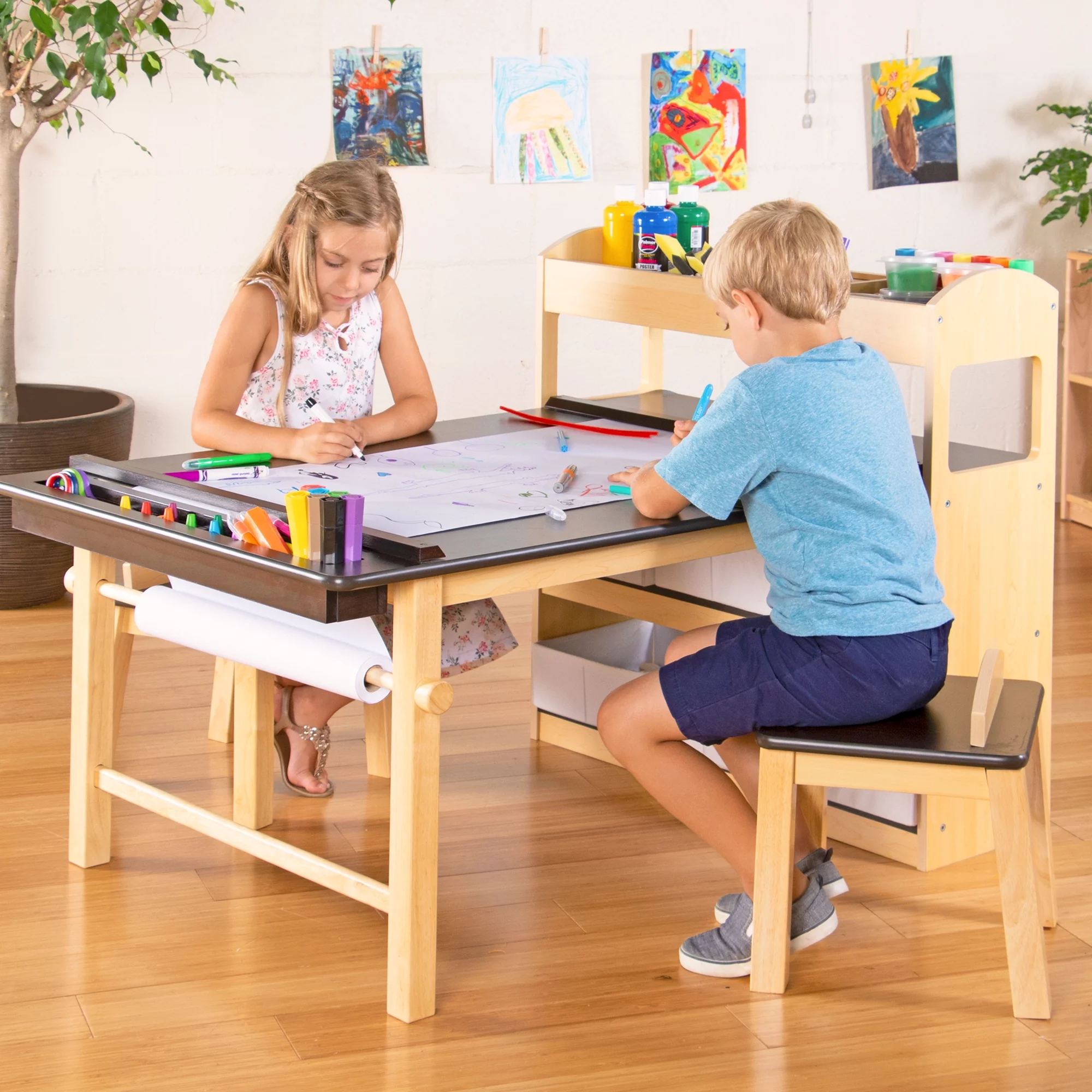 Guidecraft Deluxe Art Center: Drawing Desk and Painting Table for Kids, W/ Two Stools, Craft Supplies Storage Shelves, Canvas Bins, Paper Roll – Preschool Toddler Wooden Learning Furniture