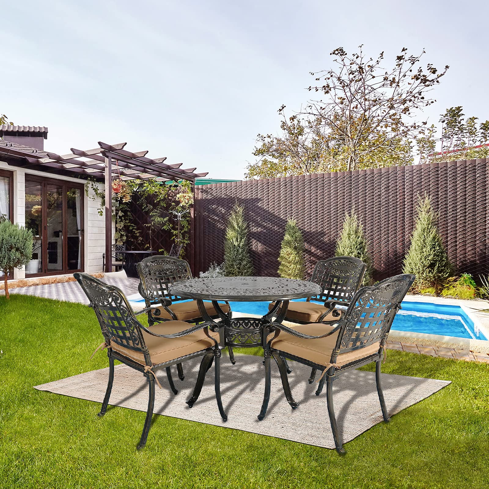 MEETWARM 5 Piece Patio Dining Set, Outdoor All-Weather Cast Aluminum Dining Table Set, Patio Furniture Set for Backyard Garden Deck, Include 4 Chairs, 4 Cushions and 1 Round Table with Umbrella Hole