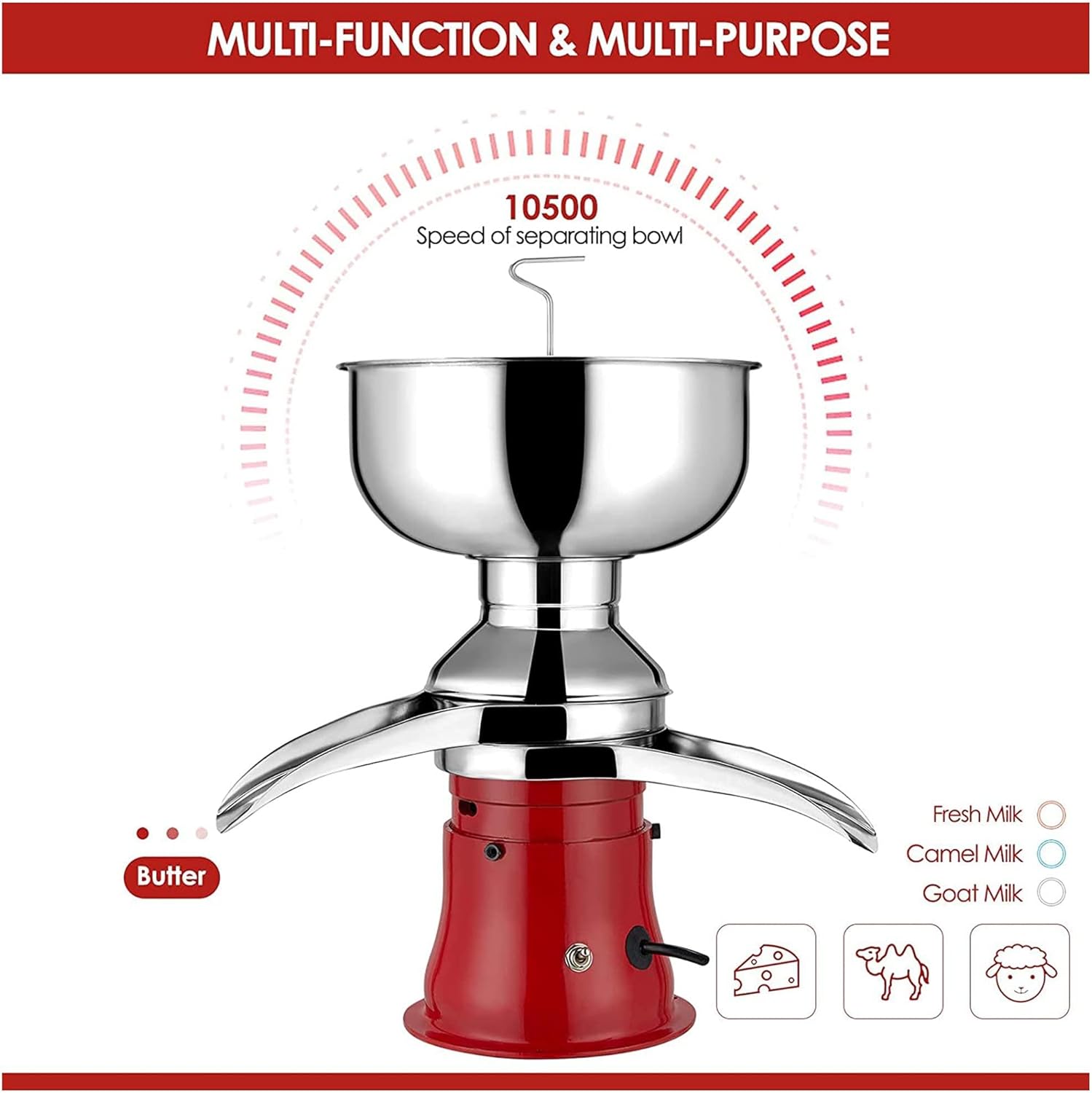 Electric Cream Separator Stainless Steel 50L/H - Turn Raw or Whole Milk into Cream and Skim Milk with Milk Cream Centrifugal Separator - Ideal for Goat and Cow Milk