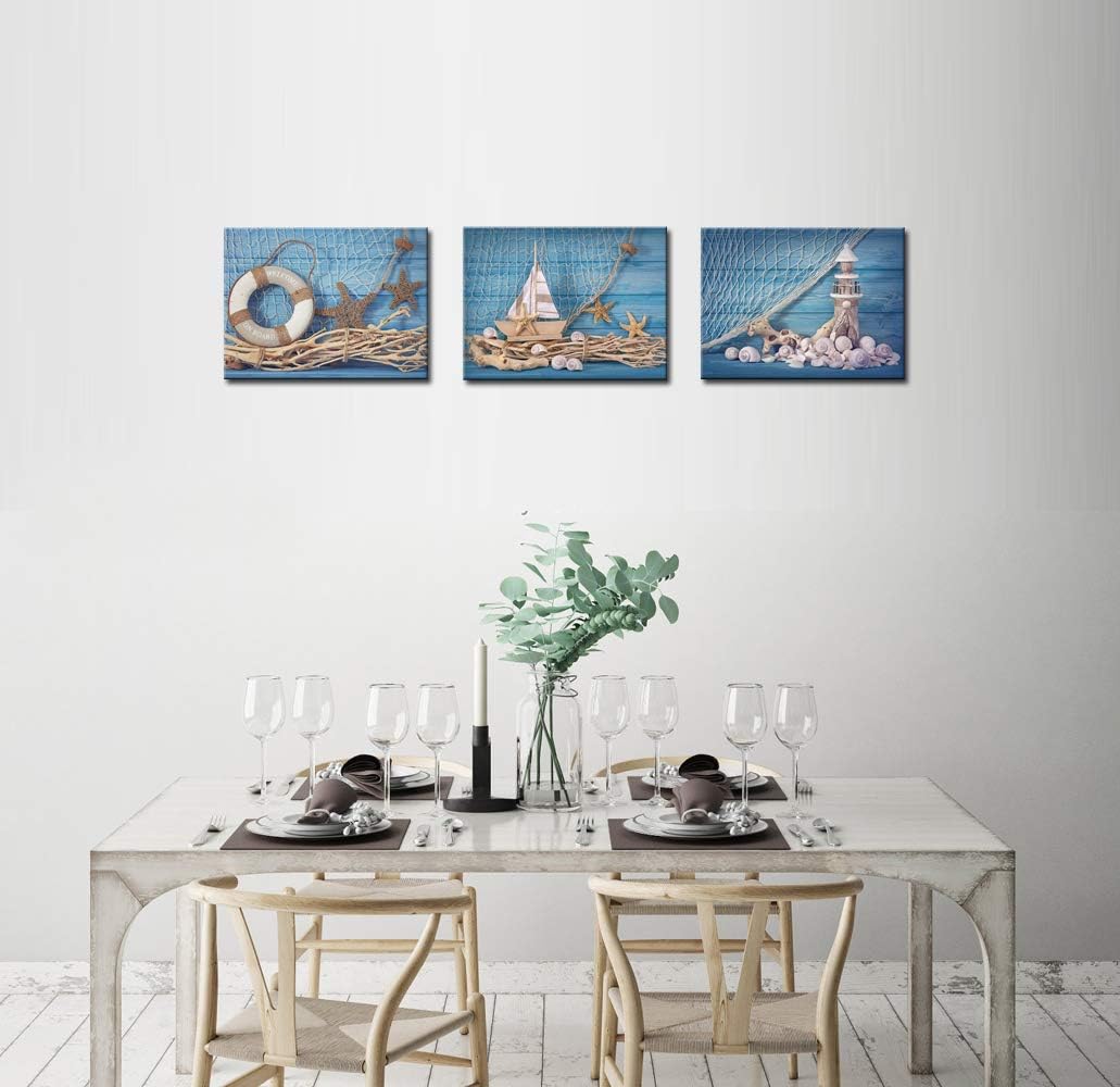 LevvArts 3 Piece Beach Canvas Wall Art Seashell Startfish with Blue Board Picture Prints Maritime Sailing Boat Lighthouse Poster Painting for Bathroom Gallery Canvas Wrapped Ready to Hang